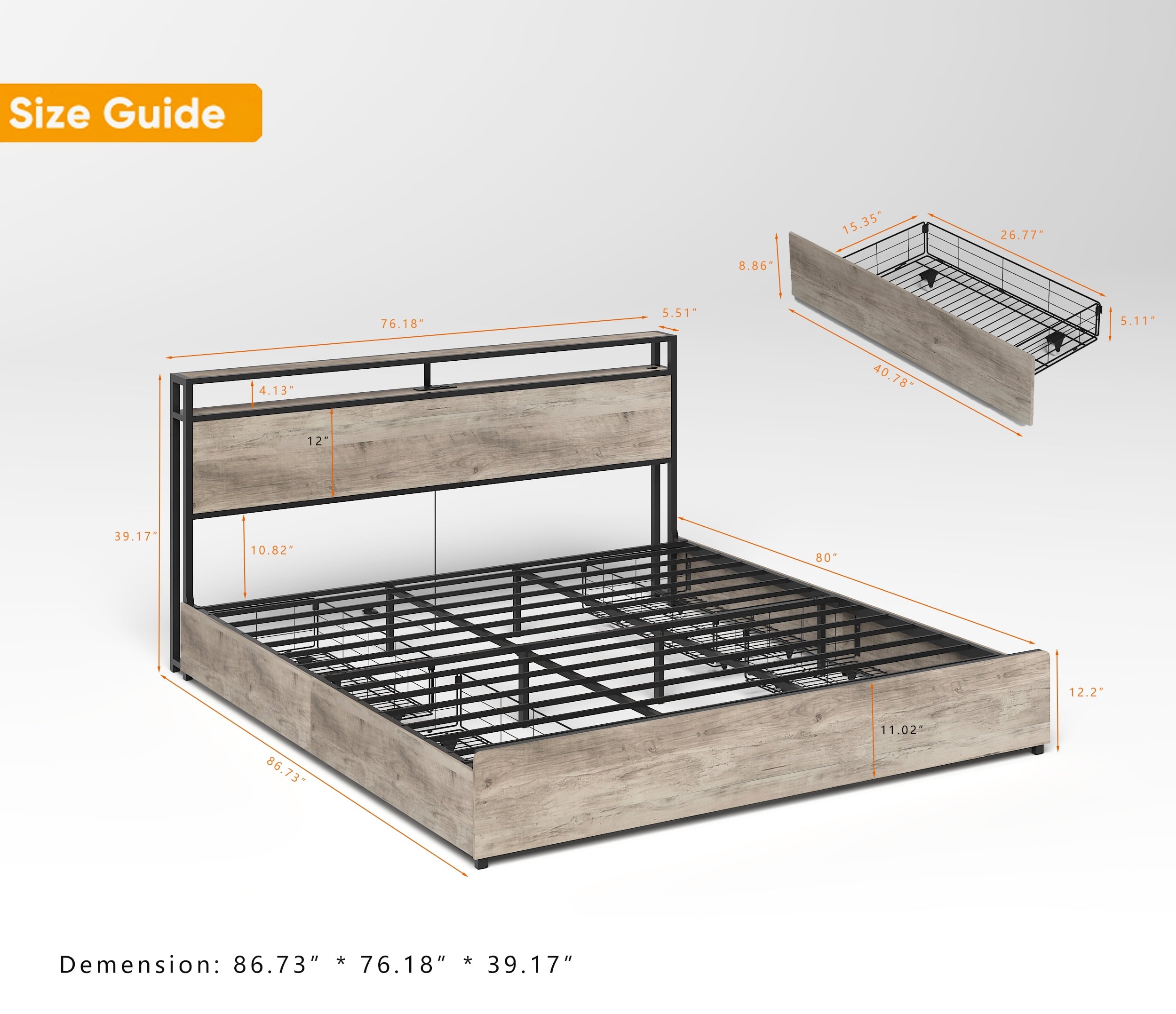 Furnibear King Bed Frame with USB Charging Station and Storage Headboard, Heavy-Duty Shake-Free Platform, No Box Spring Needed, Easy Tool-Free Assembly, Gray