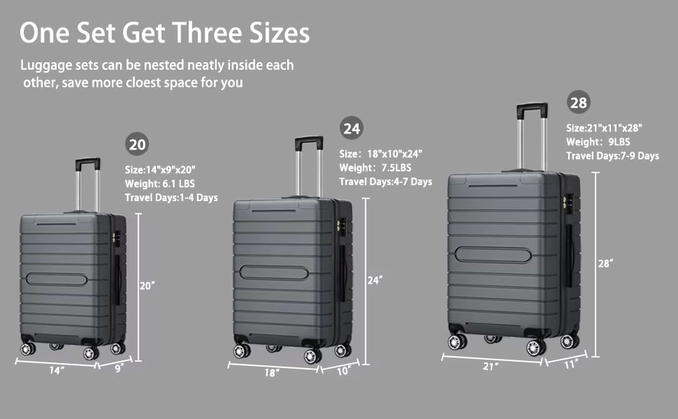 Furnibear Durable Hardside 3-Piece Luggage Set (20/24/28in) - TSA-Approved Locks, Smooth Spinner Wheels, Ideal for Short Long Trips