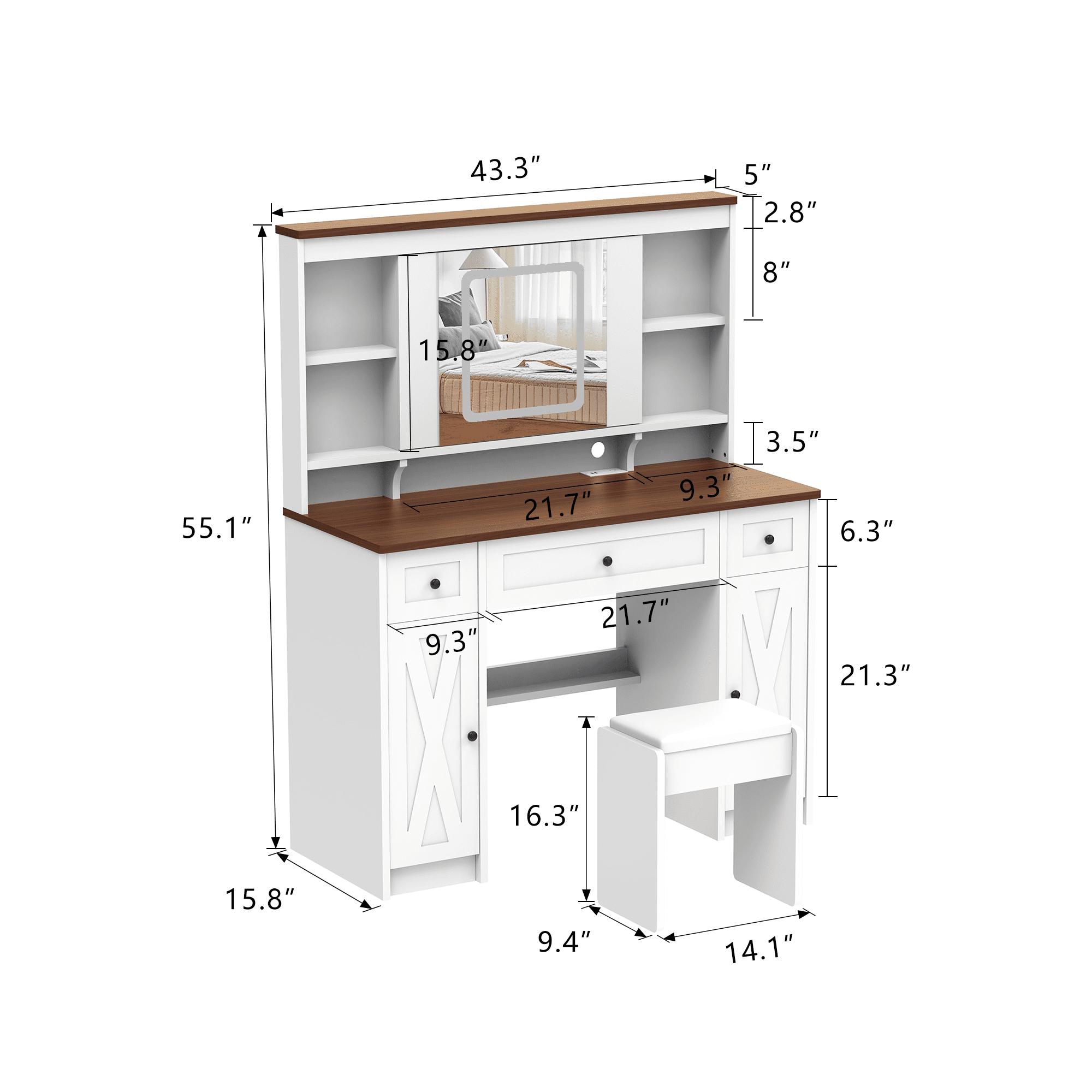Furnibear Vanity Desk Set with Mirror and Light, Farmhouse Makeup Table with Charging Station, Drawers and Cabinet, 3 Color Modes Brightness Adjustable
