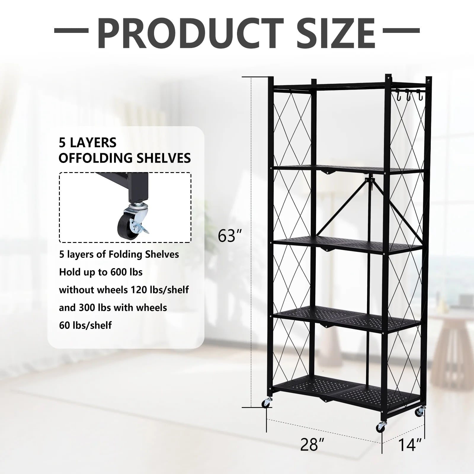 Furnibear Foldable 5 Tier Storage Shelf with Wheels Metal Rack Collapsible Shelving Unit Display, Rolling Cartfor Garage, Pantry, Office ,Black