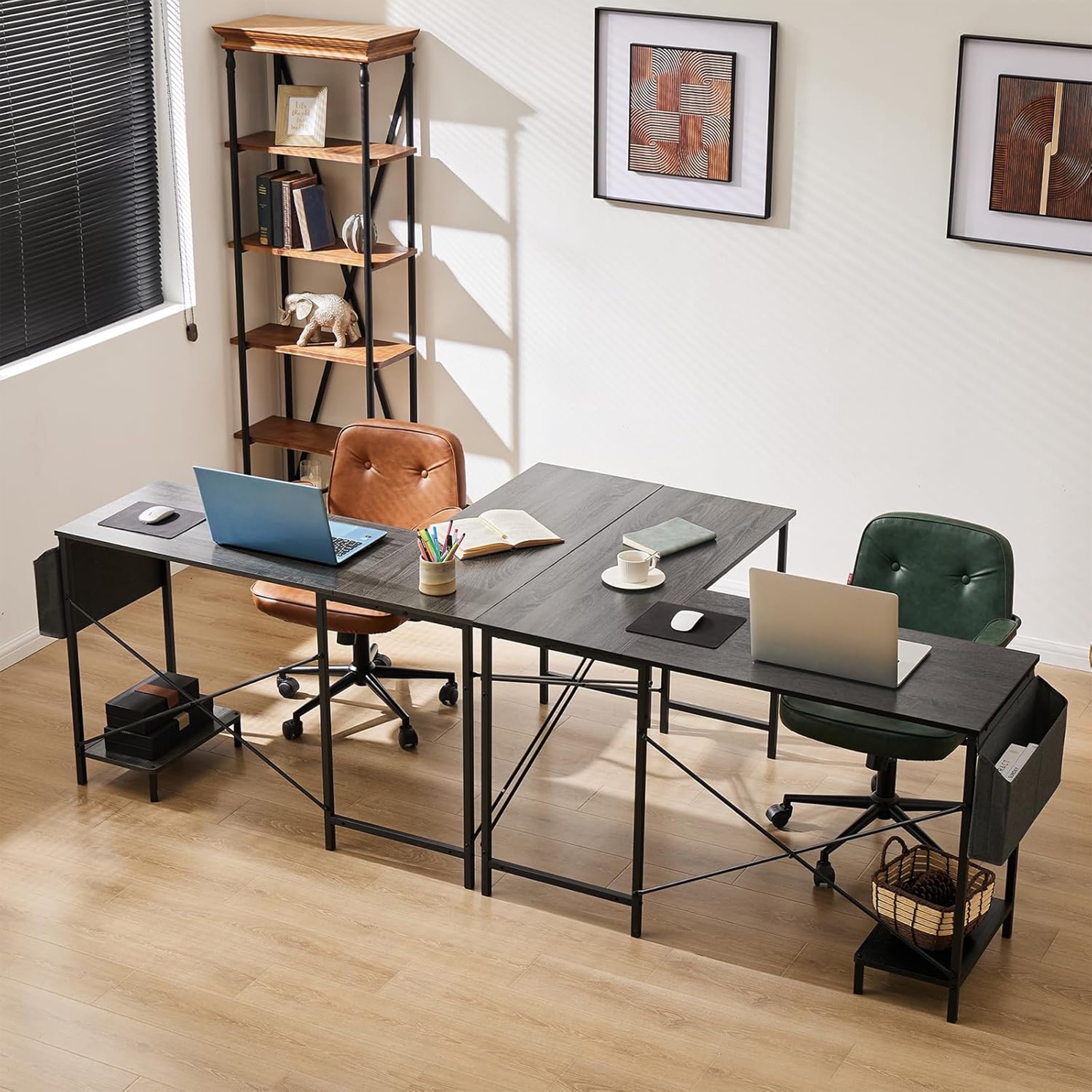 Furnibear L Shaped Computer Desk, Gaming Corner 50in PC Writing Study Student Table with Wooden Desktop CPU Stand Side Bag Reversible