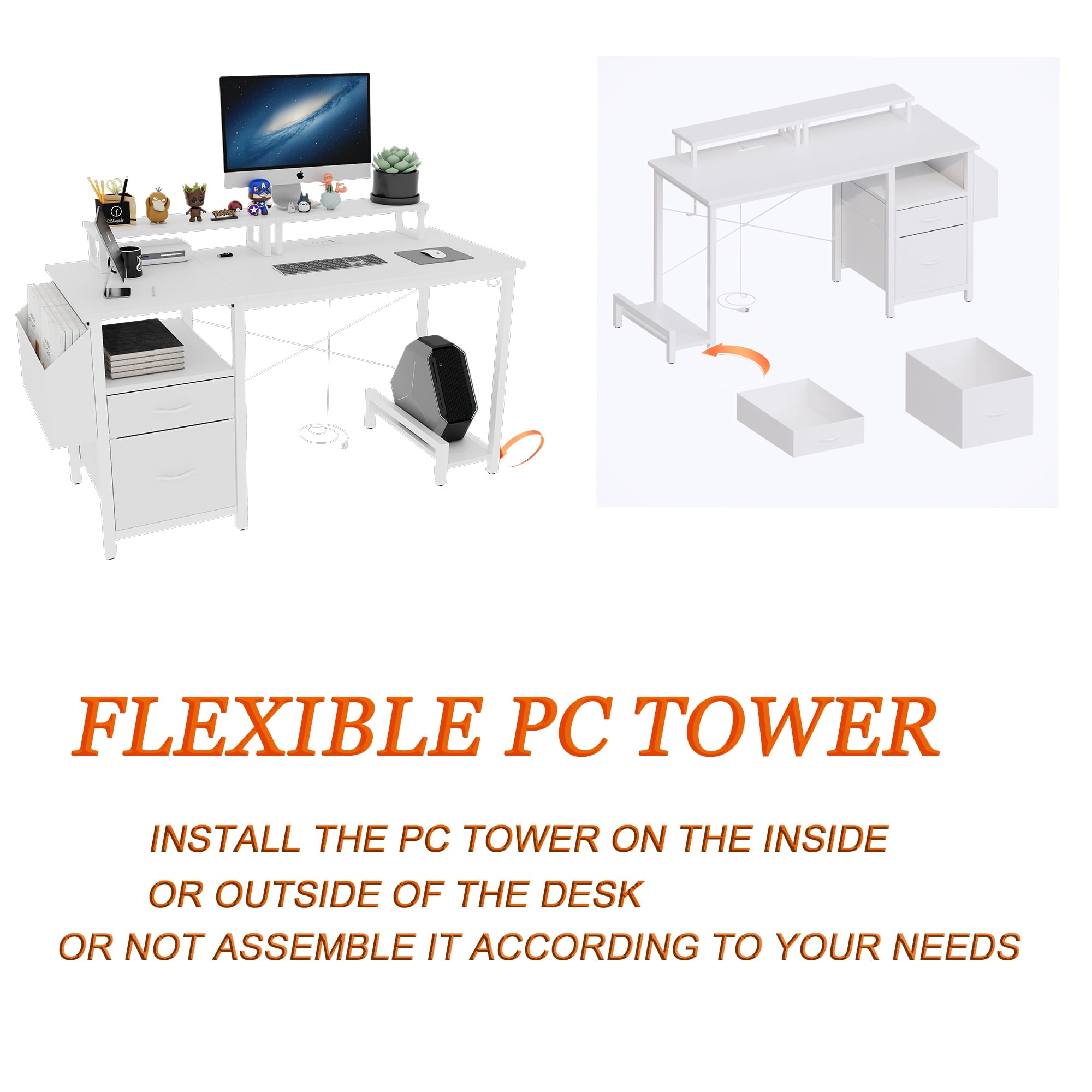 Furnibear Computer Desk with Drawer and Power Outlets, 47in Office Desk with 2 Monitor Stands and Fabric File Cabinet for Home Office, Small Space