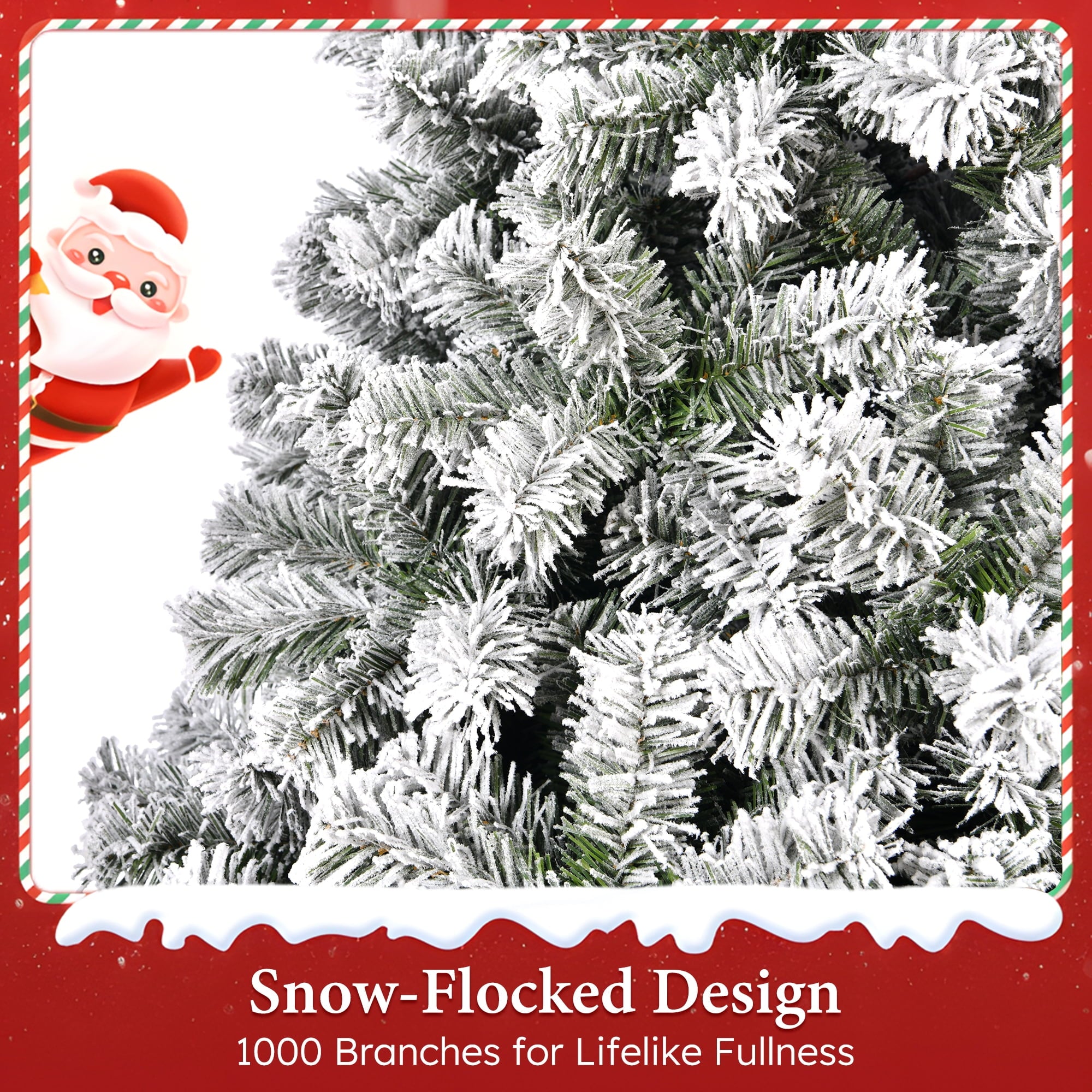Furnibear 6ft Flocked Artificial Christmas Tree, 1000 Tips Unlit Snowy Tree with Automatic Fluffing