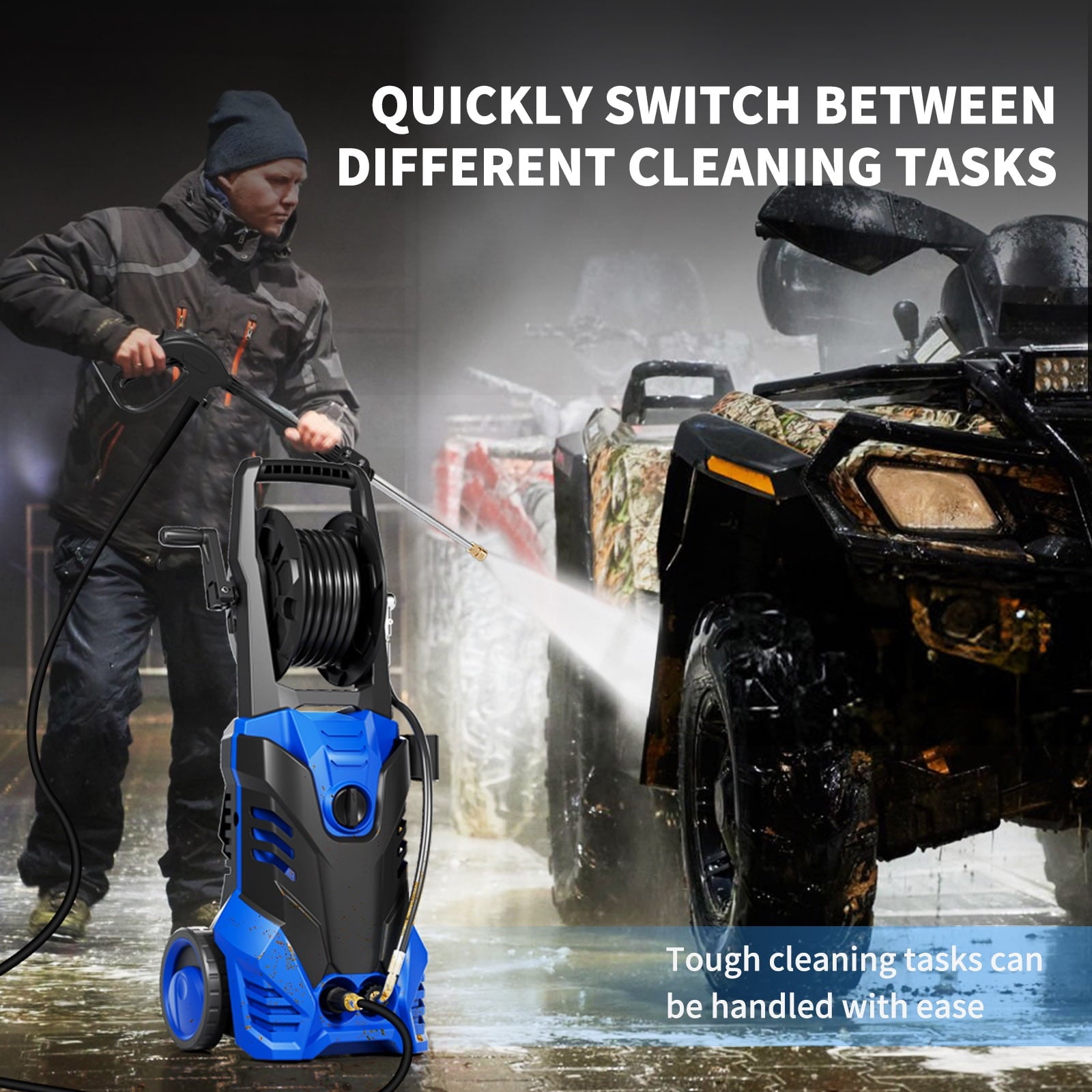 Furnibear 3800 PSI Electric Pressure Washer - Lightweight with Wheels 5 Nozzles, Ideal for Cars, Driveways, Patios Fences, Quiet 2000W Motor, Auto Shut-Off