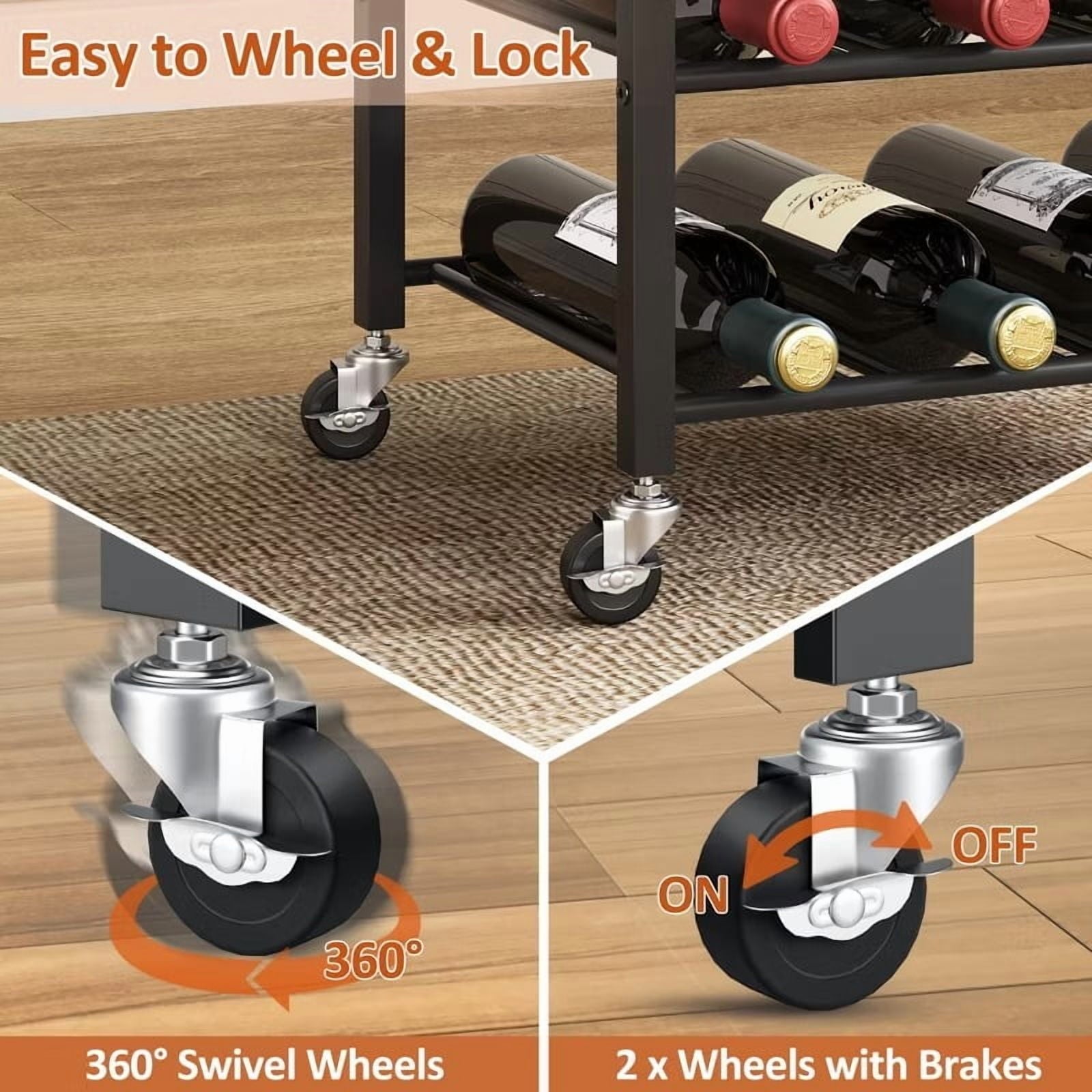 Furnibear 5 Tier Rolling Wine Rack with Tabletop - Holds 16 Bottles, Rustic Brown Iron Wood Design for Kitchen, Bar or Dining Room