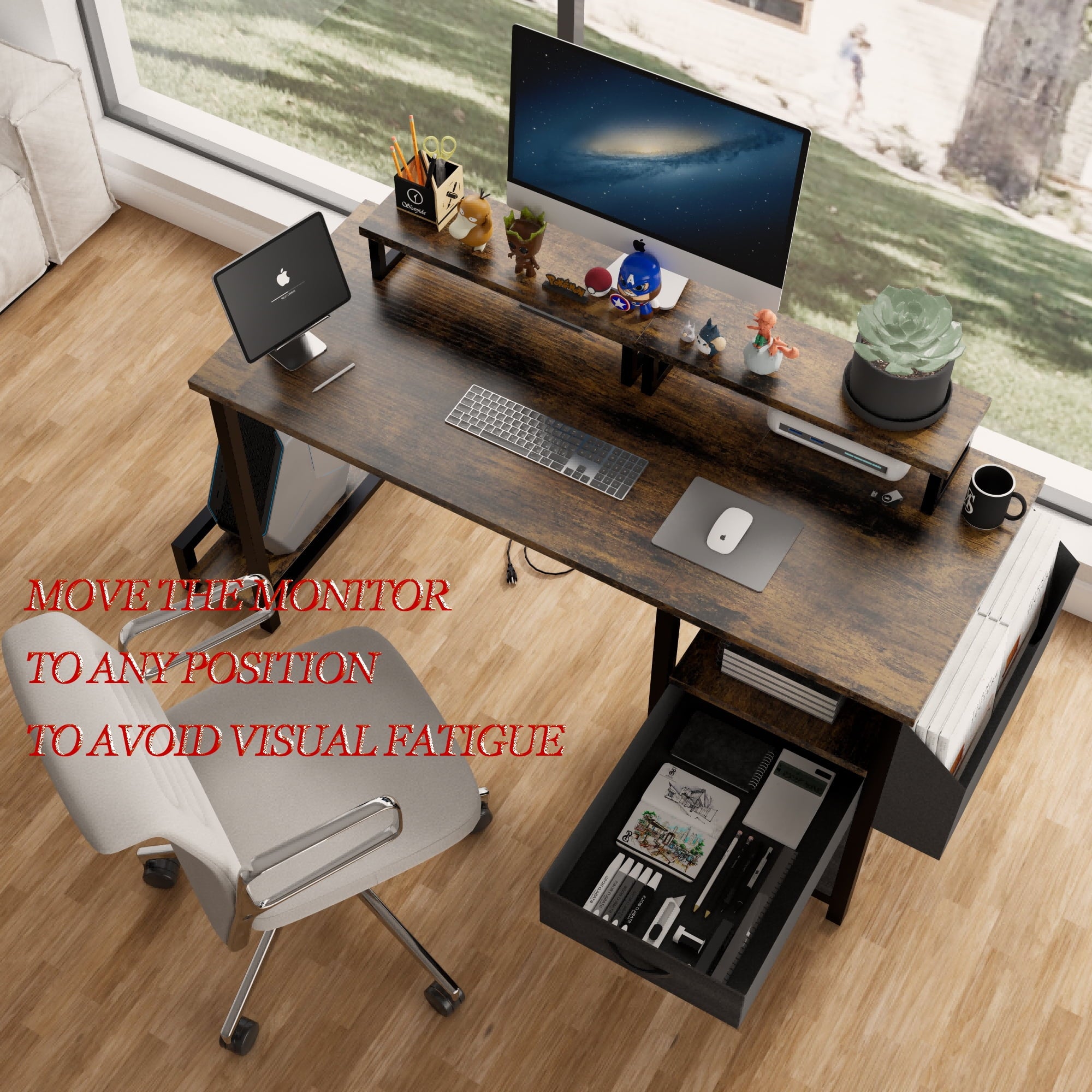 Furnibear Computer Desk with Drawer and Power Outlets, 47in Office Desk with 2 Monitor Stands and Fabric File Cabinet for Home Office, Small Space