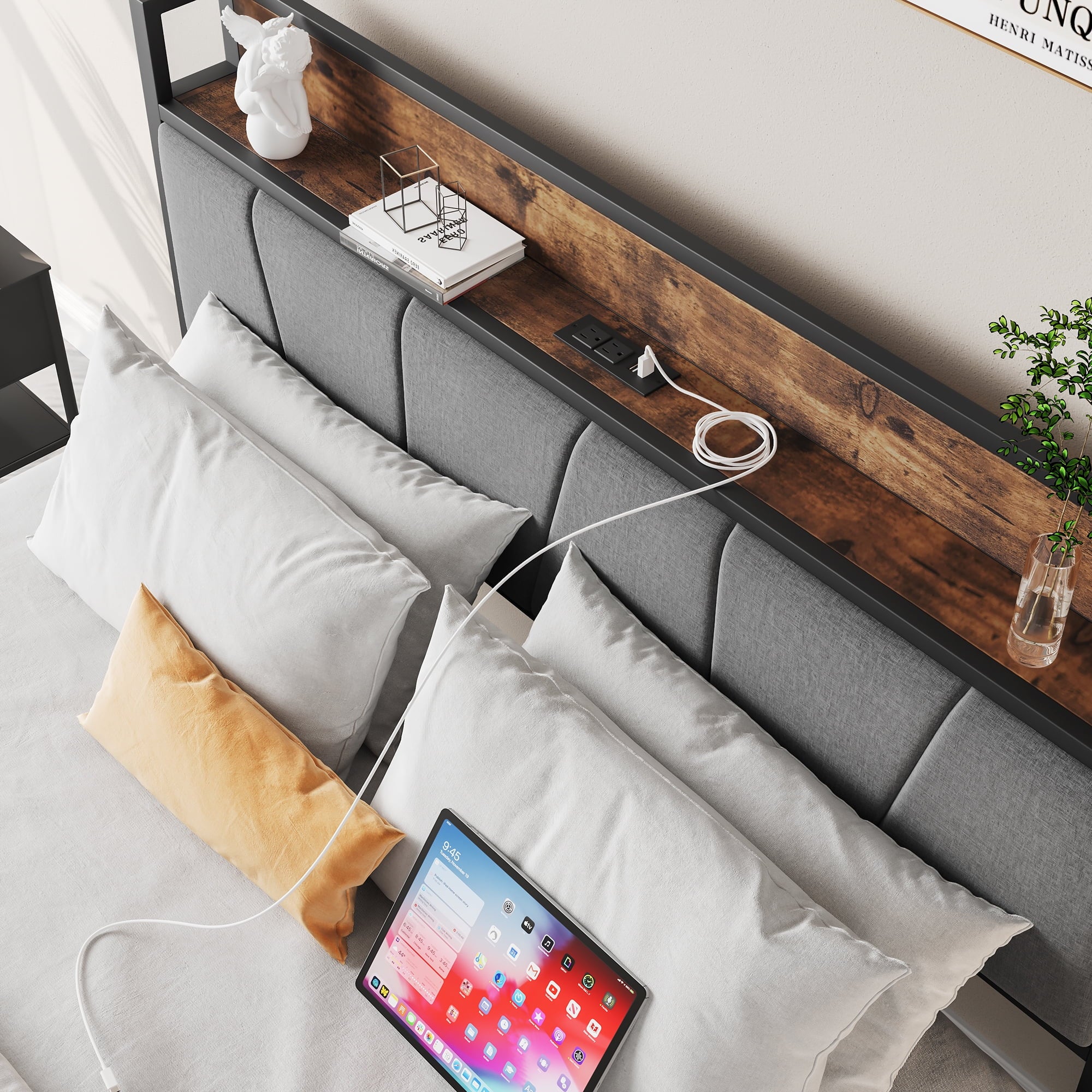 Furnibear FULL SIZE Bed Frame with Storage Headboard and USB Charging Station, Sturdy Shake-Free Platform, No Box Spring Needed, Easy Tool-Free Assembly