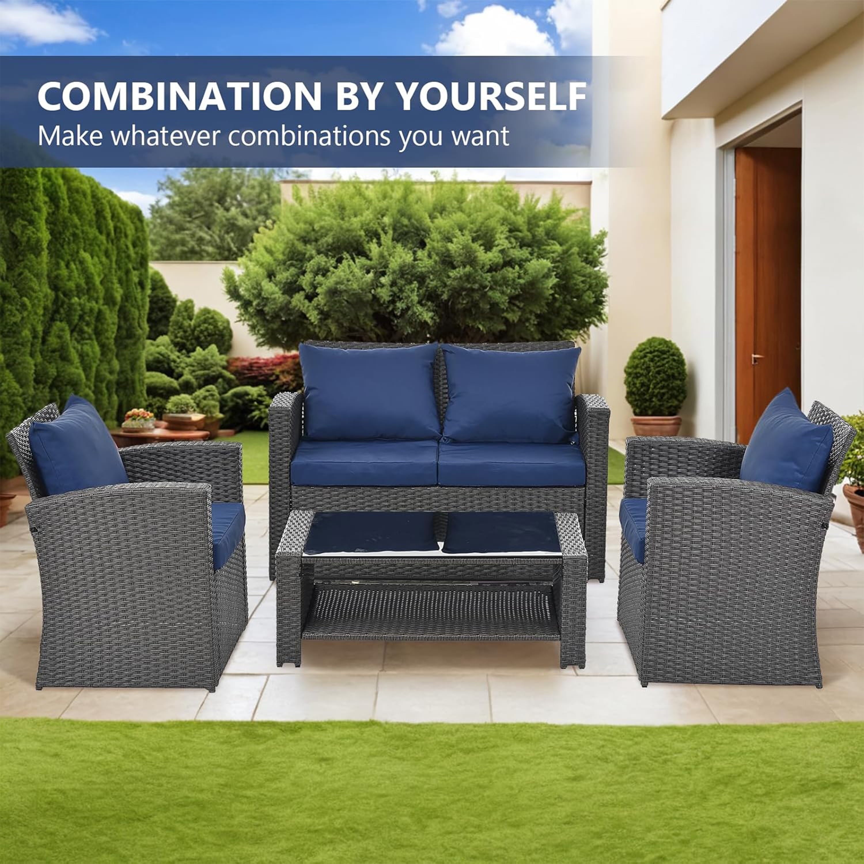 Furnibear 4 Pieces Patio Conversation Set, Outdoor Rattan Sectional Sofa, Cushioned Patio Furniture Set, Wicker Sofa Ideal for Garden, Porch, Backyard