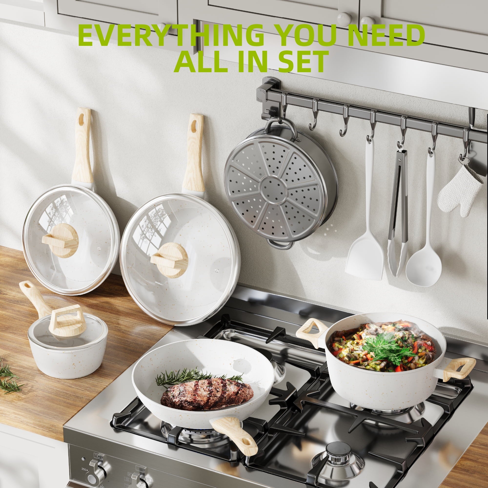 Furnibear 16pcs Nonstick Pots and Pans Set, Ceramic Cookware Set with Pots Protectors and Cooking Utensils, for RV and Camping White