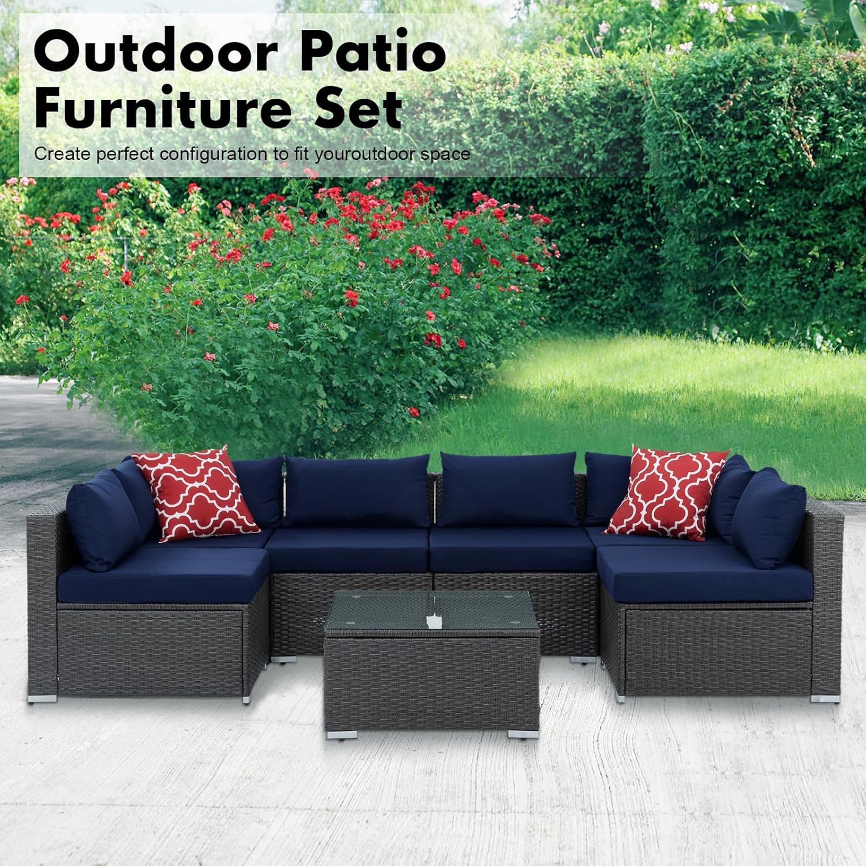 Furnibear 7 Pieces Outdoor Patio Sectional Sofa Couch, Black Wicker Patio Furniture Conversation Sets with Washable Cushions and Glass Coffee Table for Garden, Poolside, Backyard