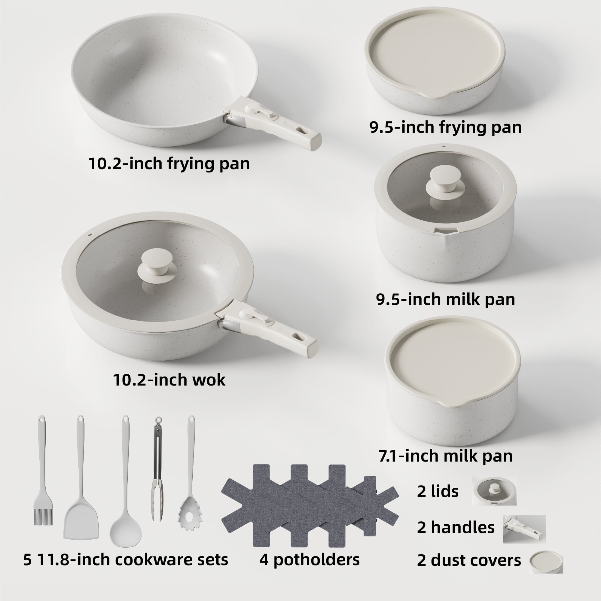 Furnibear 20pcs Pots and Pans Set Nonstick, Kitchen Ceramic Cookware Set for RV and Camping, with Pots Protectors and Cooking Utensils, White