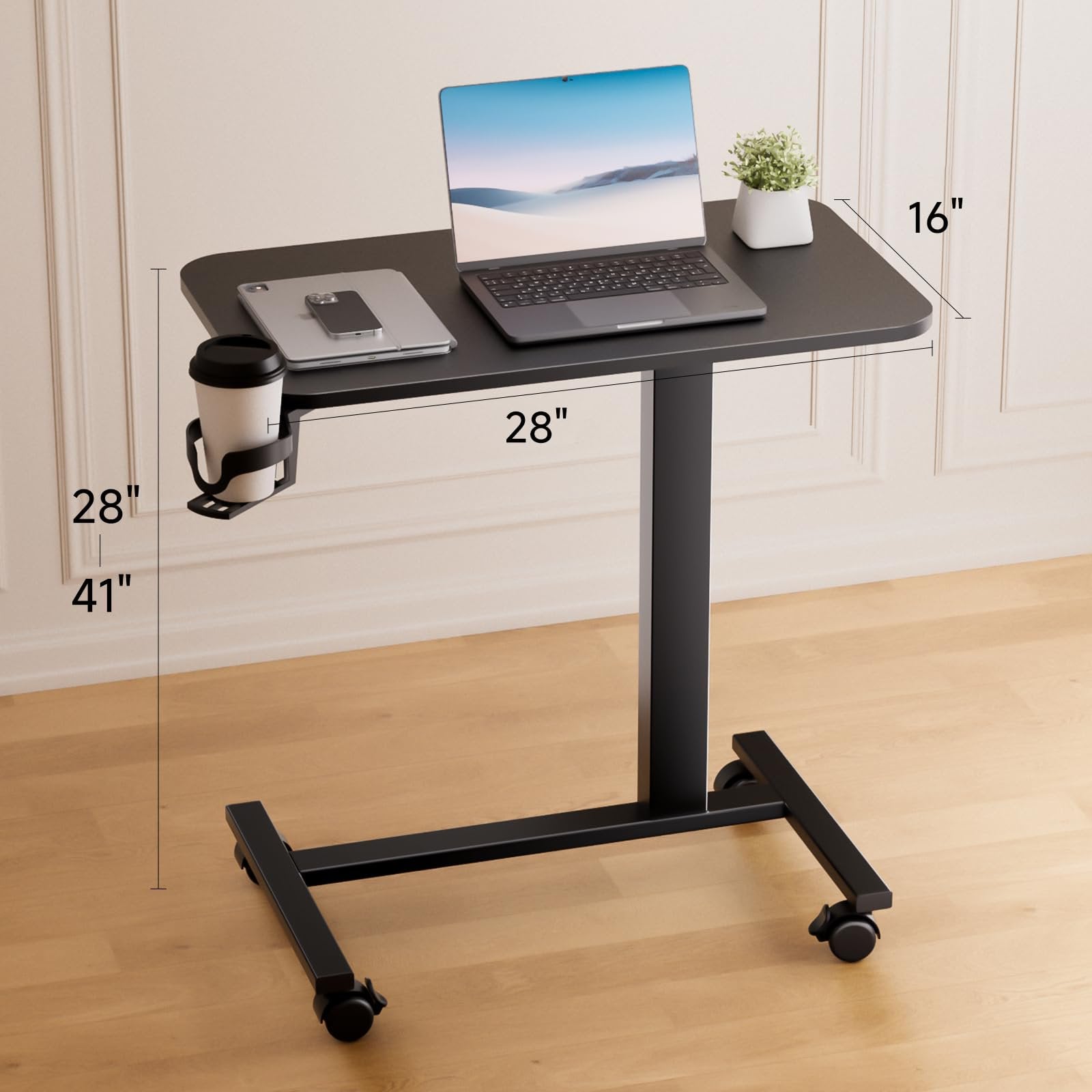 Furnibear Adjustable Rolling Desk with Lockable Wheels, Portable Bed Side Table Standing Laptop Desk Black