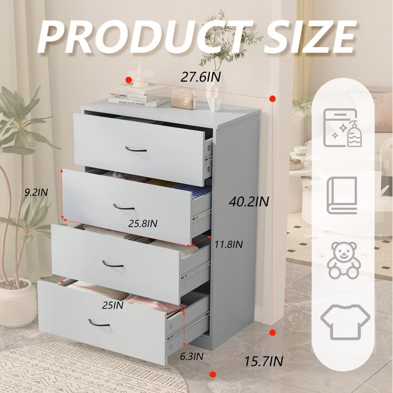 Furnibear Modern 4-Drawer Dresser for Bedroom, Compact Vertical Chest with Easy-Glide Handles, Space-Saving Wood Storage Cabinet in Light Gray ¨C Easy Assembly