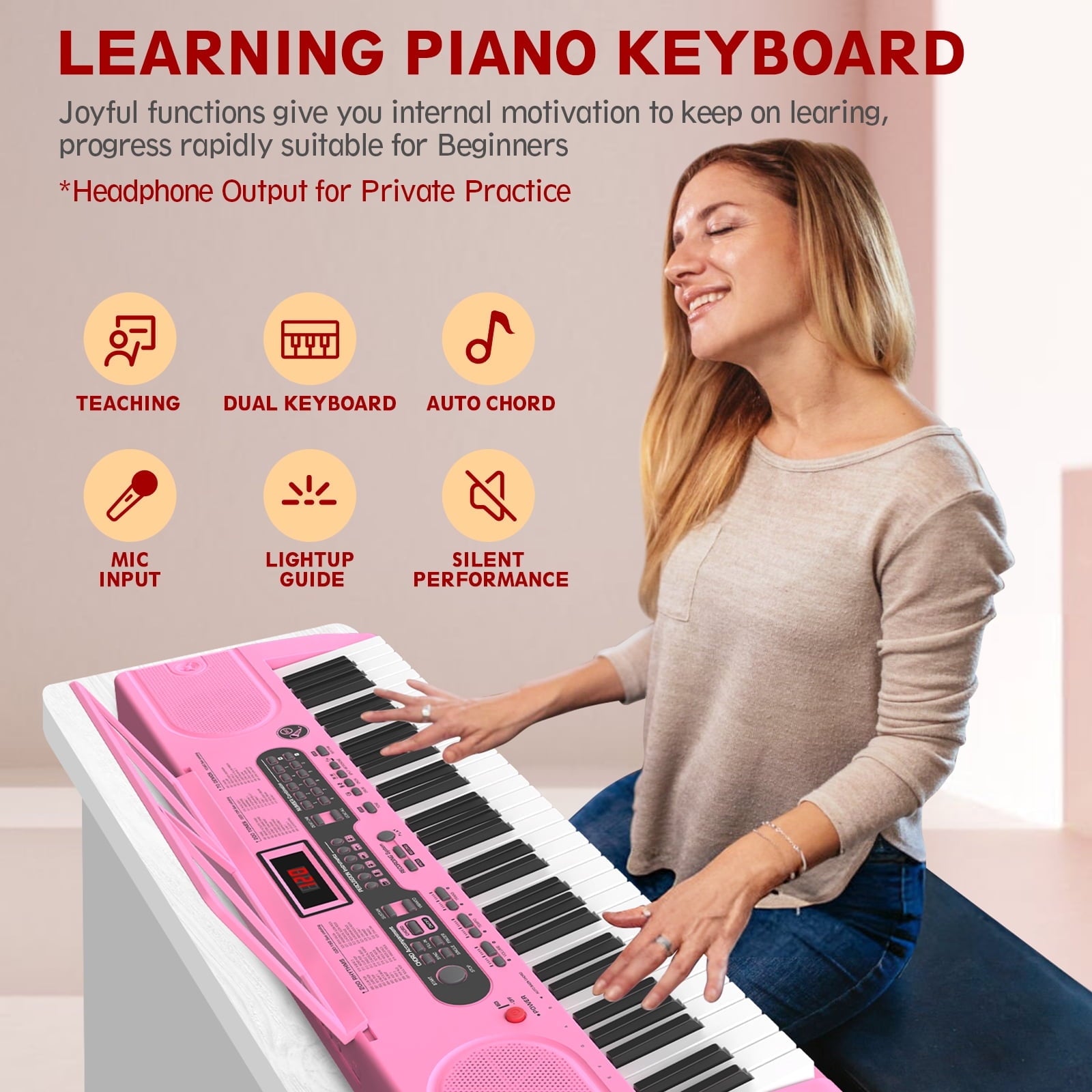 Furnibear 61 Key Piano Keyboard with Lighted Keys Stand Bench Microphone Headphone and Built-in Speakers for Beginners, Pink