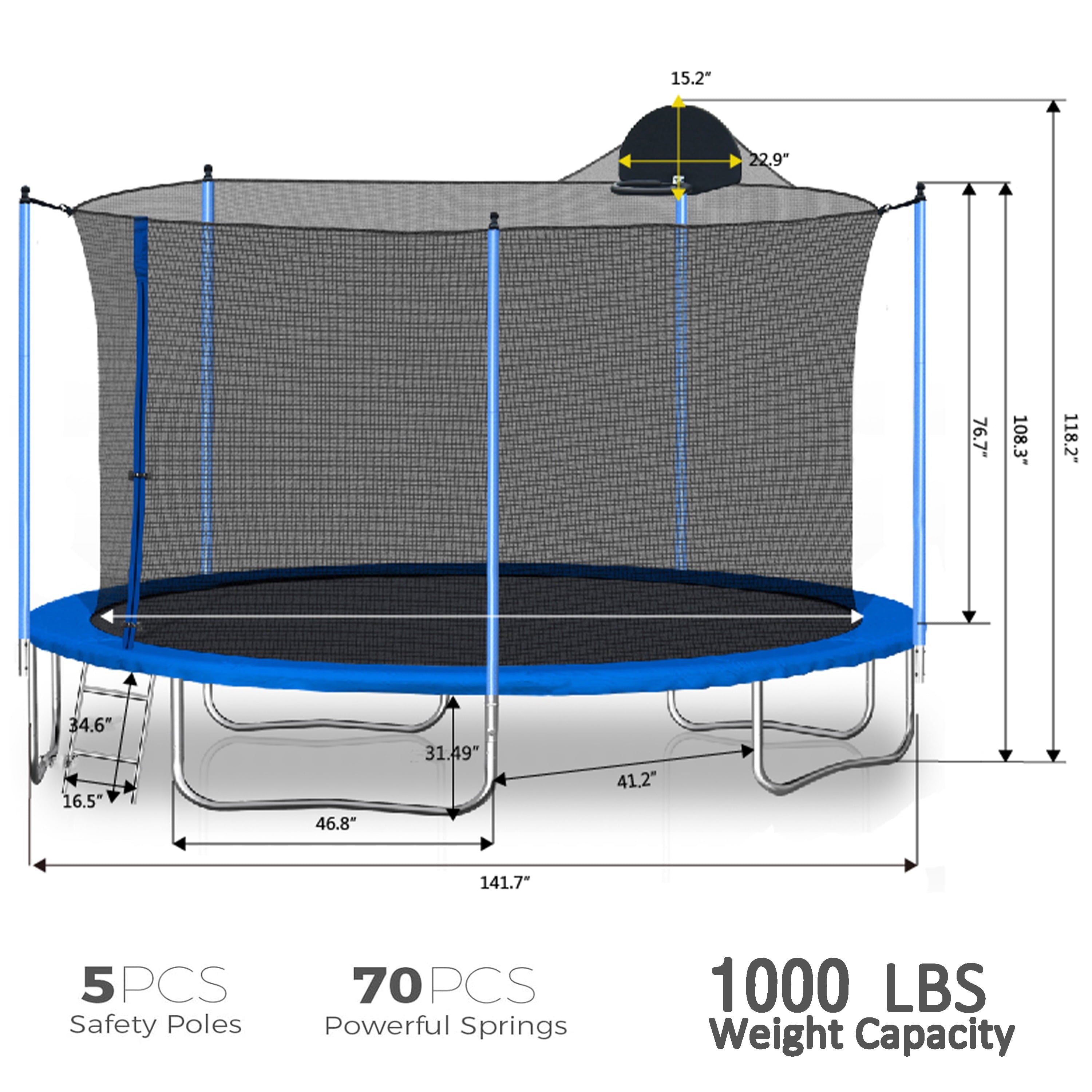Furnibear 1000 LBS 12 FT Trampoline for Kids and Adults, Heavy-Duty Recreational Outdoor Trampoline with Basketball Hoop and Safety Enclosure Net