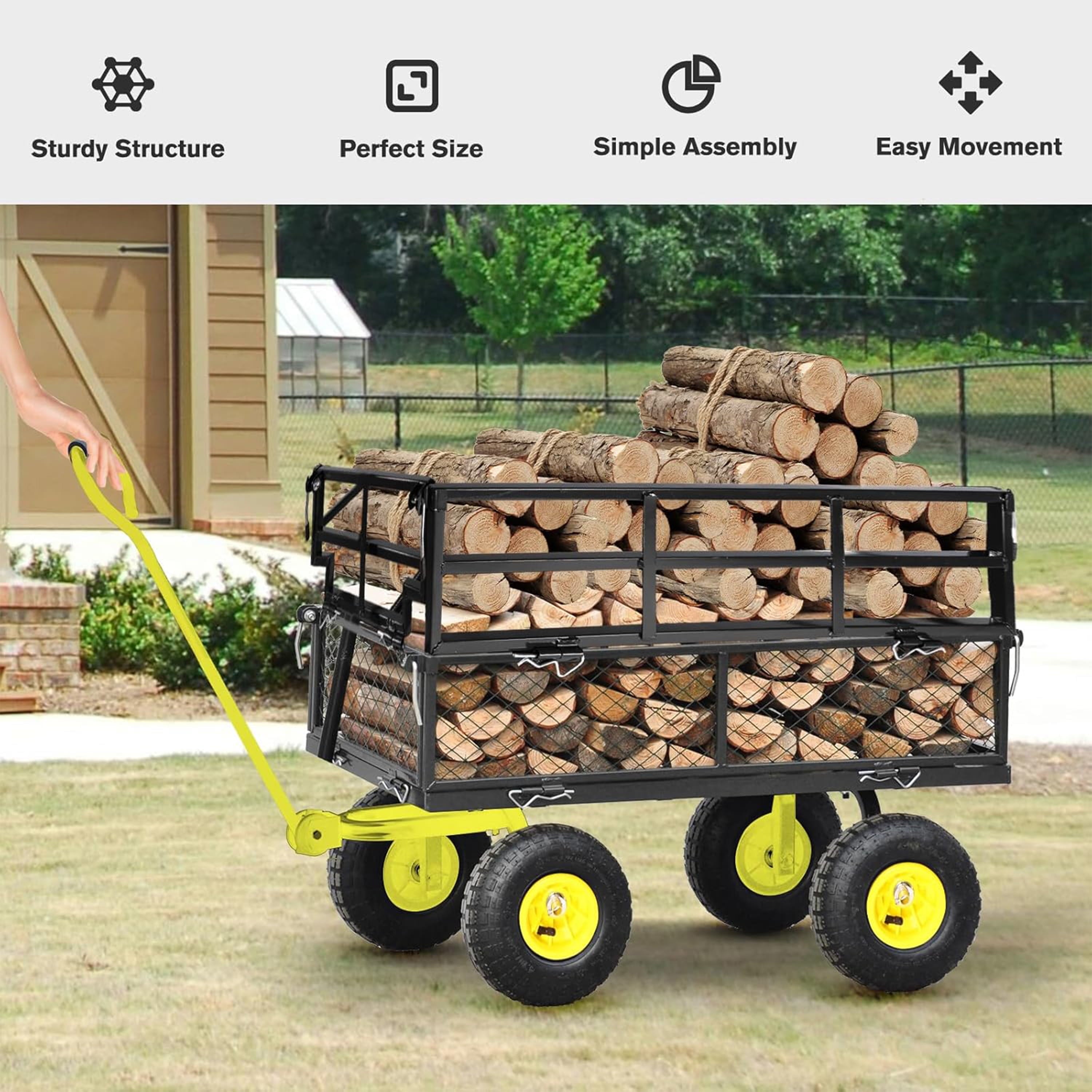 Furnibear Heavy Duty Steel Garden Cart 1500lbs Capacity, 6.35 cu ft, 40.55" x 27.56" Folding Utility Wagon with Double-Layer Removable Side, BlackandYellow
