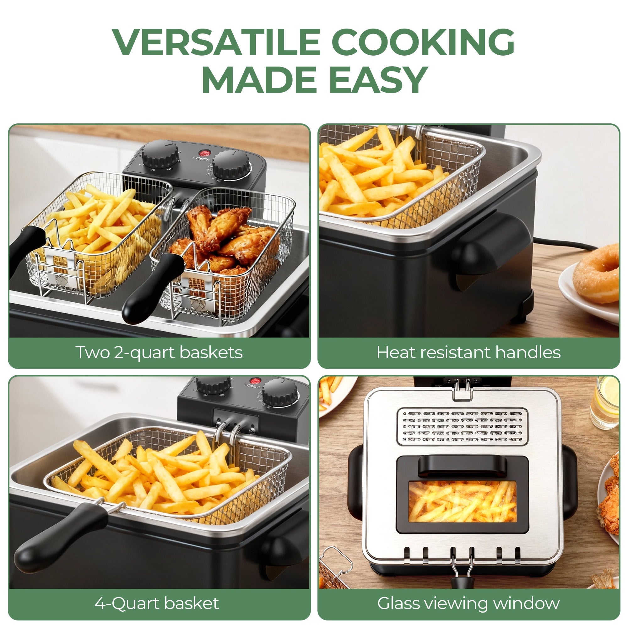 Furnibear Electric Deep Fryer with 3 Frying Baskets, 5L 1700W Large Fryer Adjustable Temperature,View Window Lid for Kitchen, Fry Fish for Home Use,Black