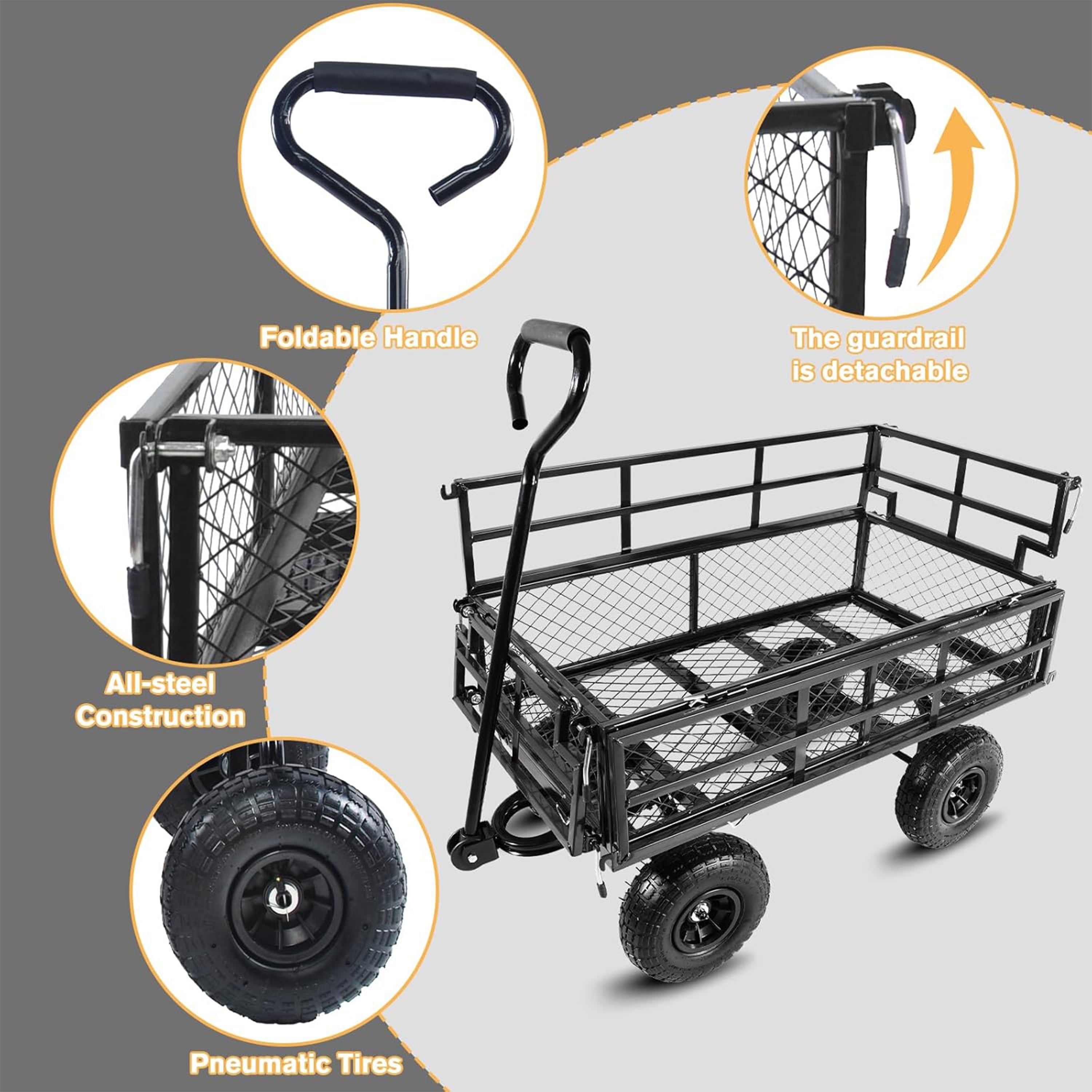 Furnibear Heavy Duty Steel Garden Cart 1500lbs Capacity, 6.35 cu ft, 40.55in x 27.56in Folding Utility Wagon with Double-Layer Removable Side, Black