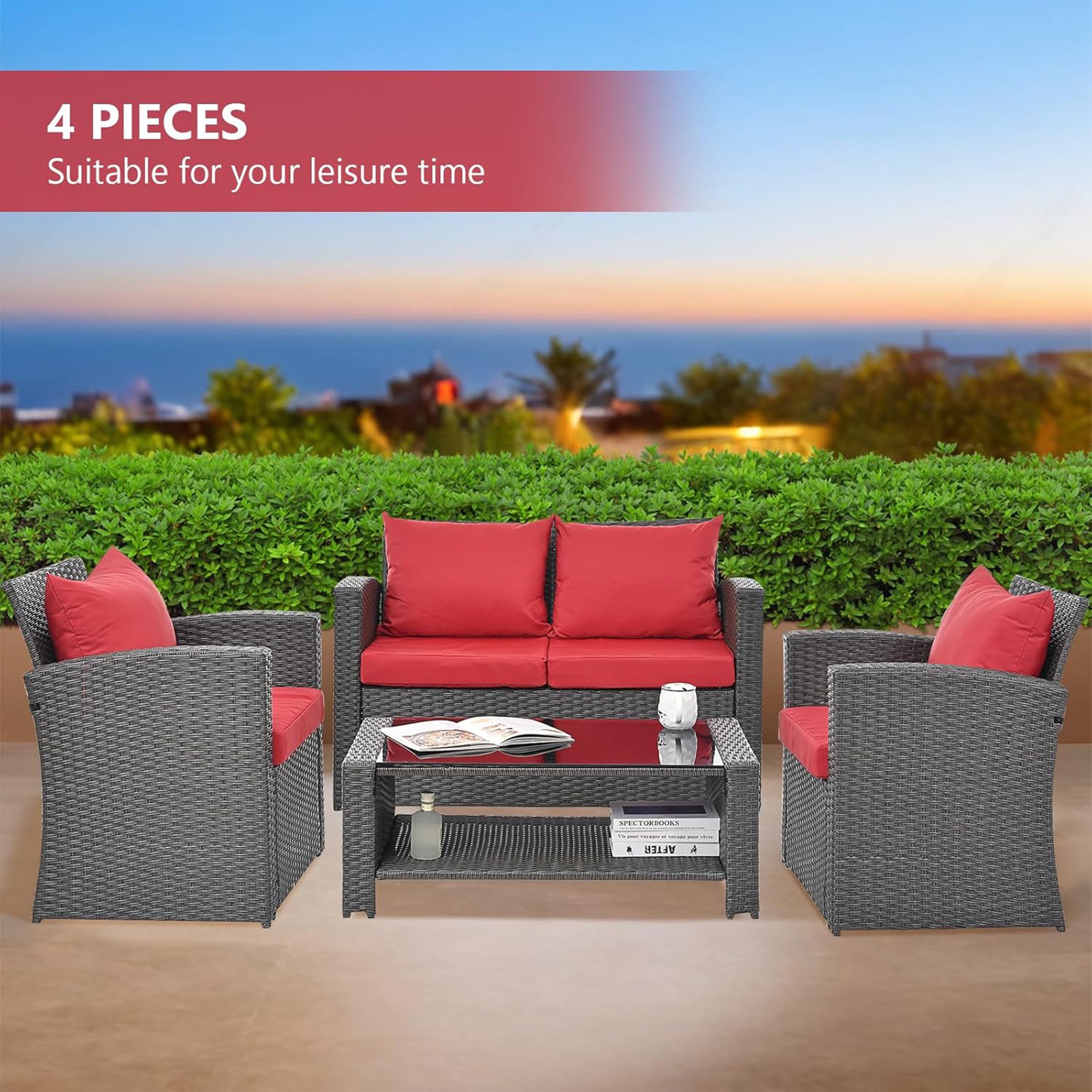 Furnibear 4 Pieces Patio Conversation Set, Outdoor Rattan Sectional Sofa, Cushioned Patio Furniture Set, Wicker Sofa Ideal for Garden, Porch, Backyard