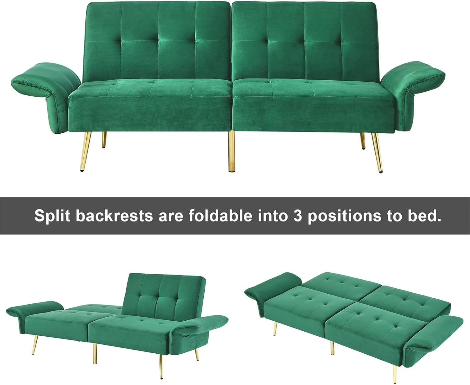 Furnibear 78in Futon Sofa Bed, Velvet Fabric Comfy Futon Couch Bed, Convertible Sleeper Sofa with Adjustable Backrestand Armrests, Modern Loveseat Sleeper for Living Room, Bedroom