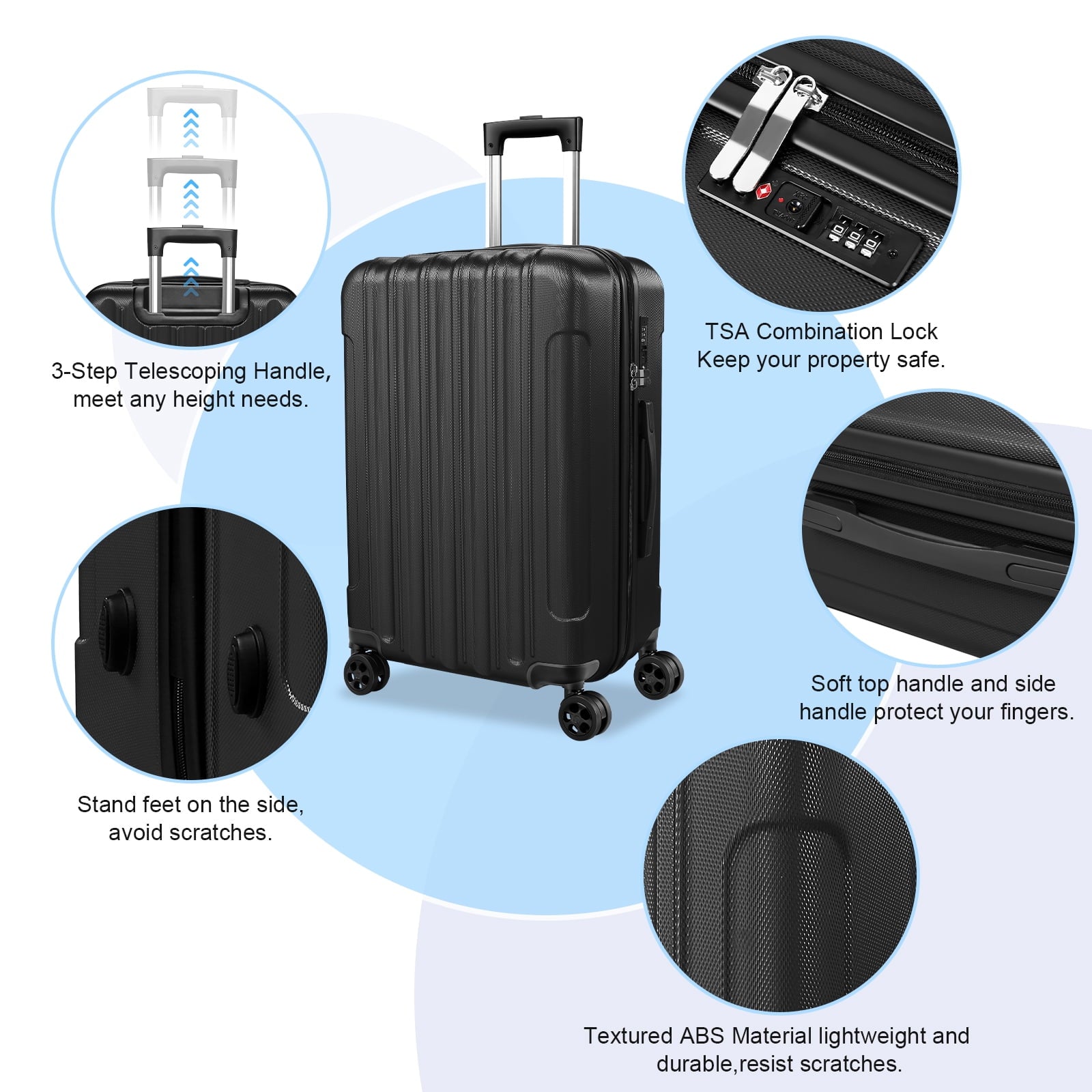 Furnibear 4-Piece PP Hardshell Luggage Set (20/24/28 Inch + Carry-On) - Spinner Smooth Wheels + TSA Lock,Black