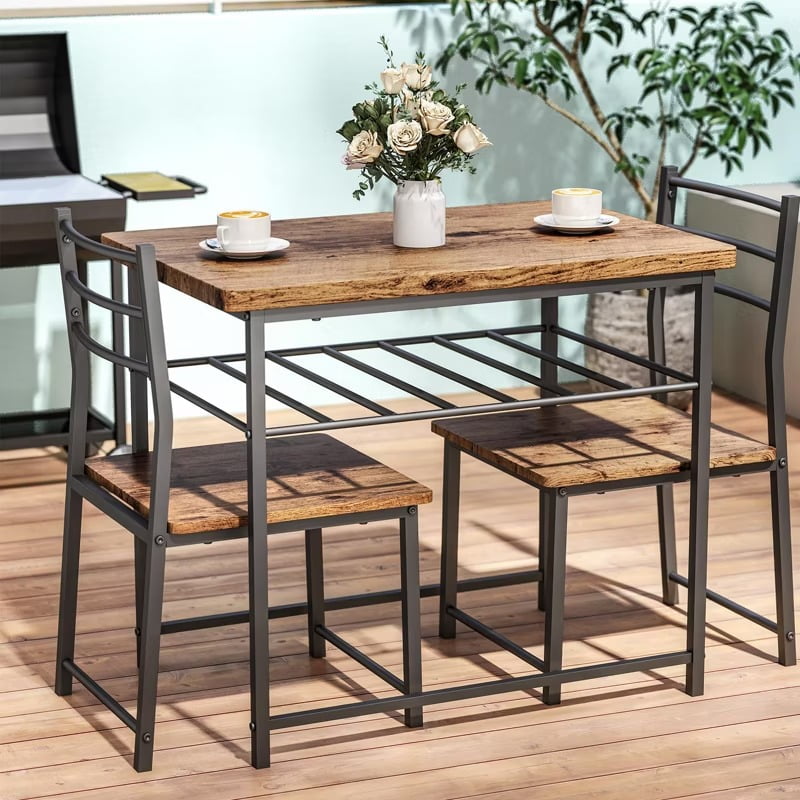 Furnibear 3-Piece Dining Table Set with 2 Chairs, Space Saving Kitchen Breakfast Nook Wood Grain Tabletop for Kitchen, Dining Room,Brown