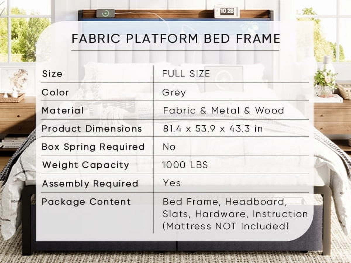 Furnibear Full Bed Frame with Upholstered Storage Headboard and Drawers, LED Platform Bed with Charging Station, No Box Spring Needed