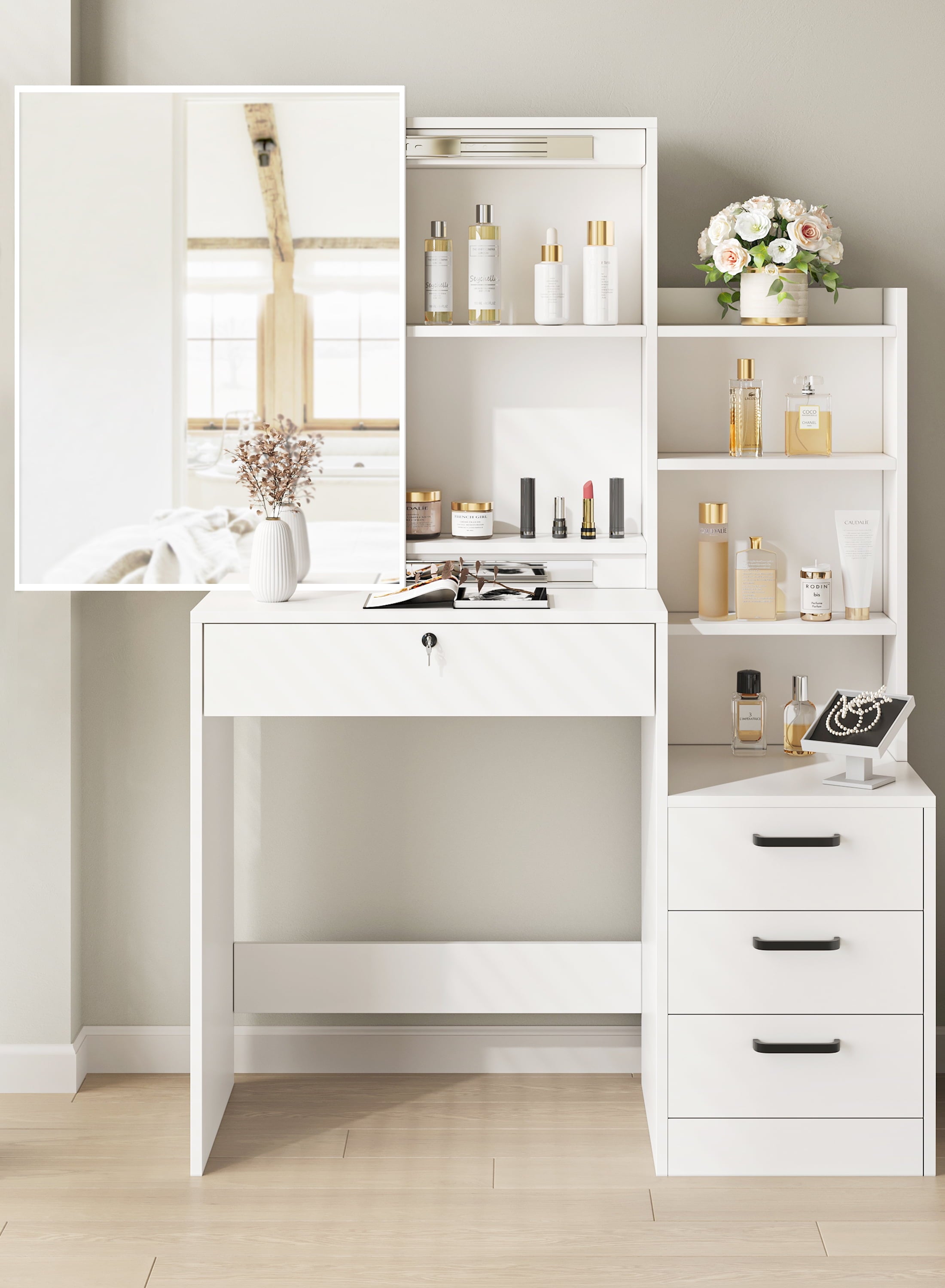 Furnibear 4 Drawer Vanity Table with Sliding Mirror for Bedroom Vanity Desk with 4 Drawers,White
