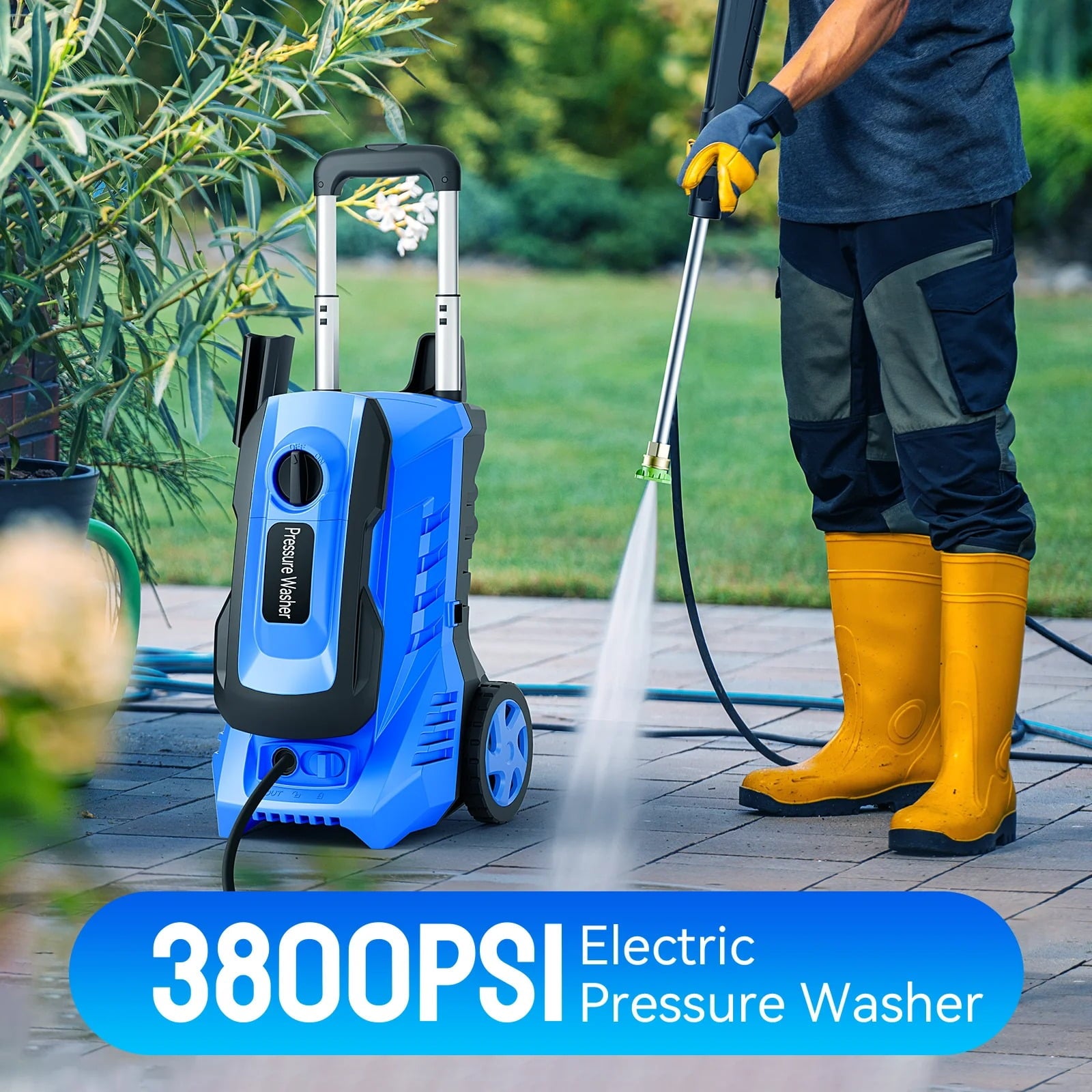 Furnibear 3800 PSI Electric Pressure Washer - 1800W High Power, 2.6 GPM Flow Rate with 5 Quick-Connect Nozzles and Foam Cannon, Lightweight with Wheels for Cars, Driveways, Patios Fences (Blue)