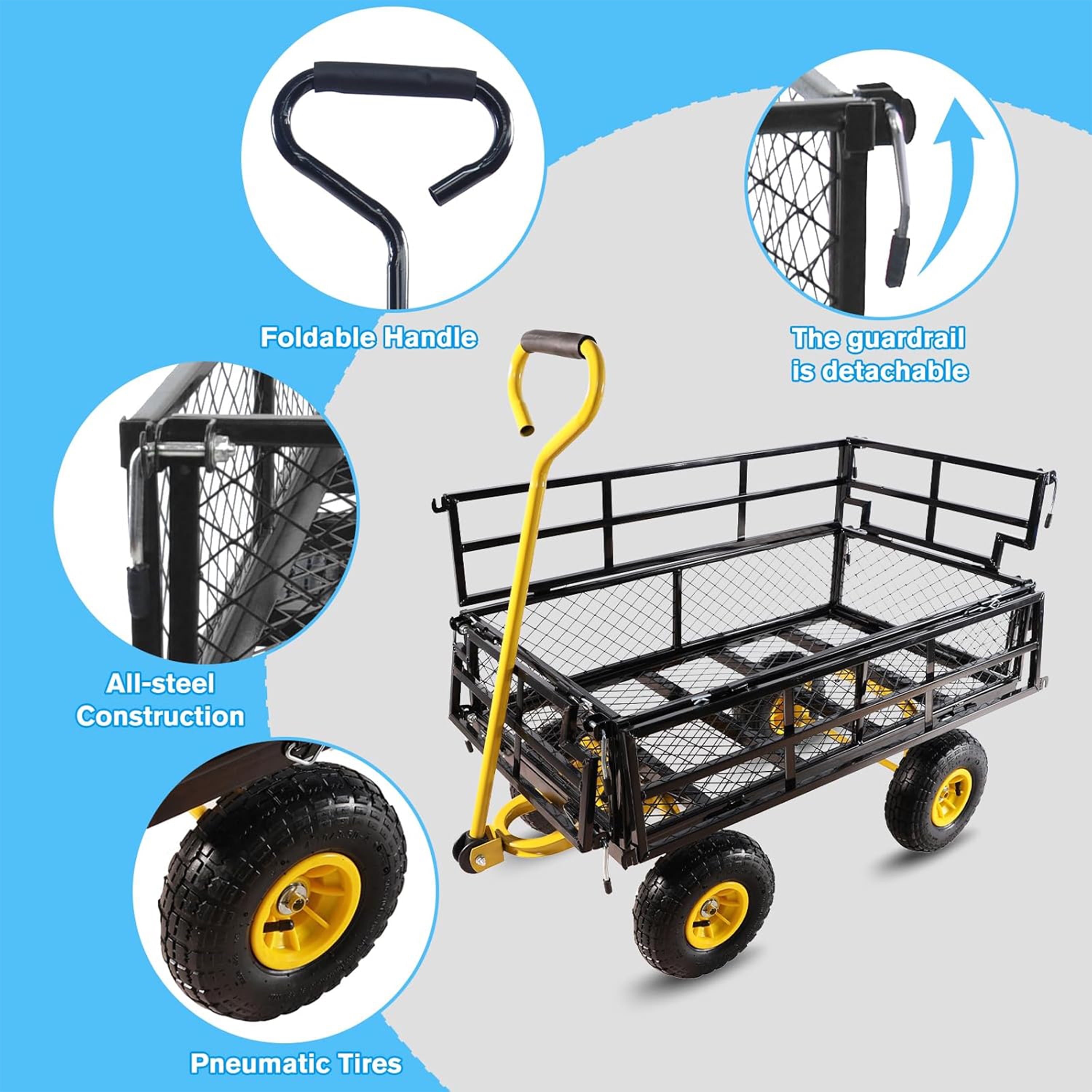 Furnibear Heavy Duty Steel Garden Cart 1500lbs Capacity, 6.35 cu ft, 40.55" x 27.56" Folding Utility Wagon with Double-Layer Removable Side, BlackandYellow