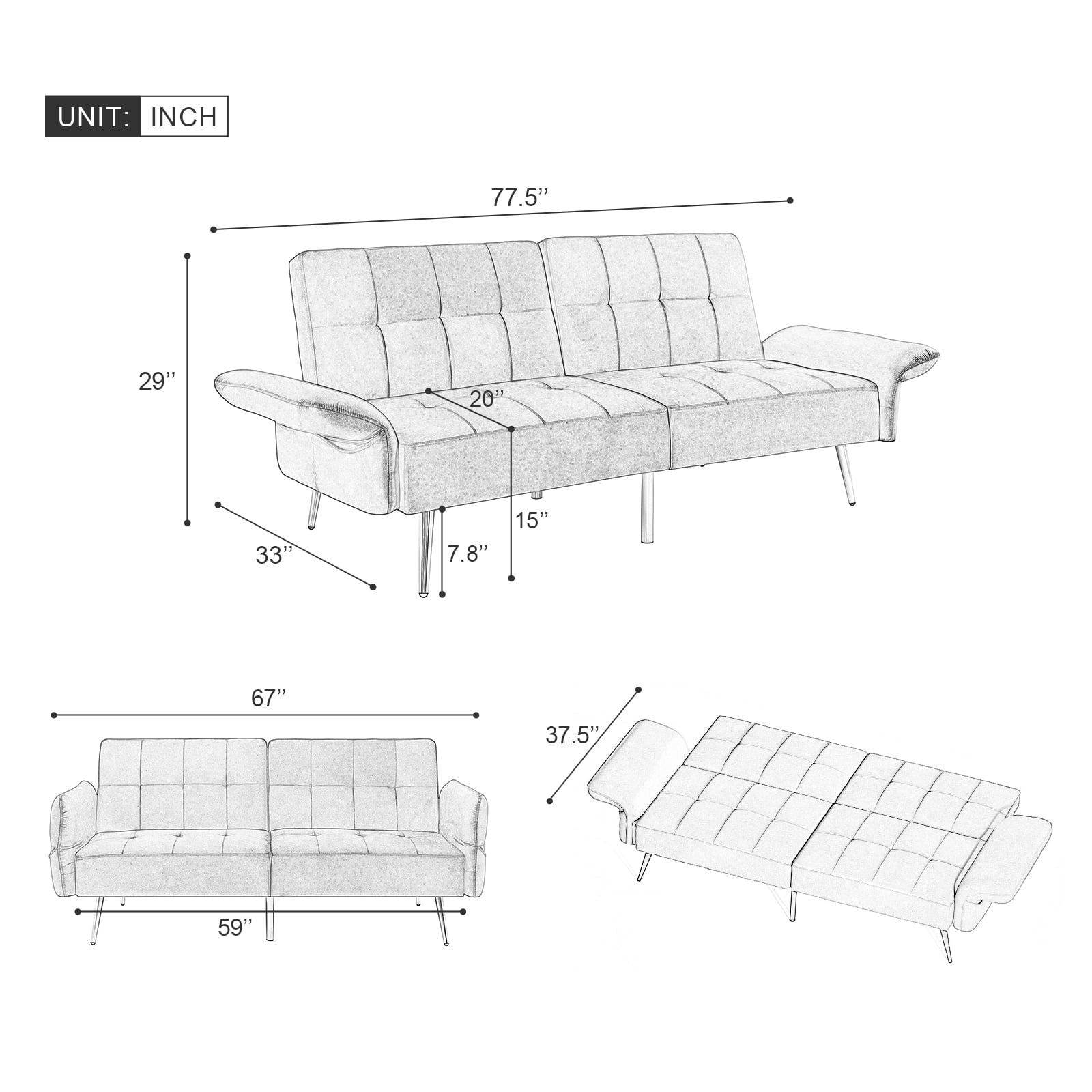 Furnibear 78in Futon Sofa Bed, Velvet Fabric Comfy Futon Couch Bed, Convertible Sleeper Sofa with Adjustable Backrestand Armrests, Modern Loveseat Sleeper for Living Room, Bedroom