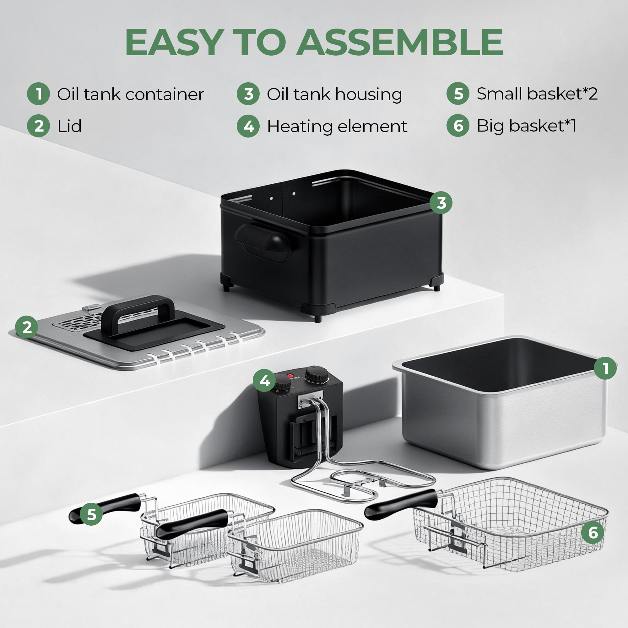 Furnibear Electric Deep Fryer with 3 Frying Baskets, 5L 1700W Large Fryer Adjustable Temperature,View Window Lid for Kitchen, Fry Fish for Home Use,Black