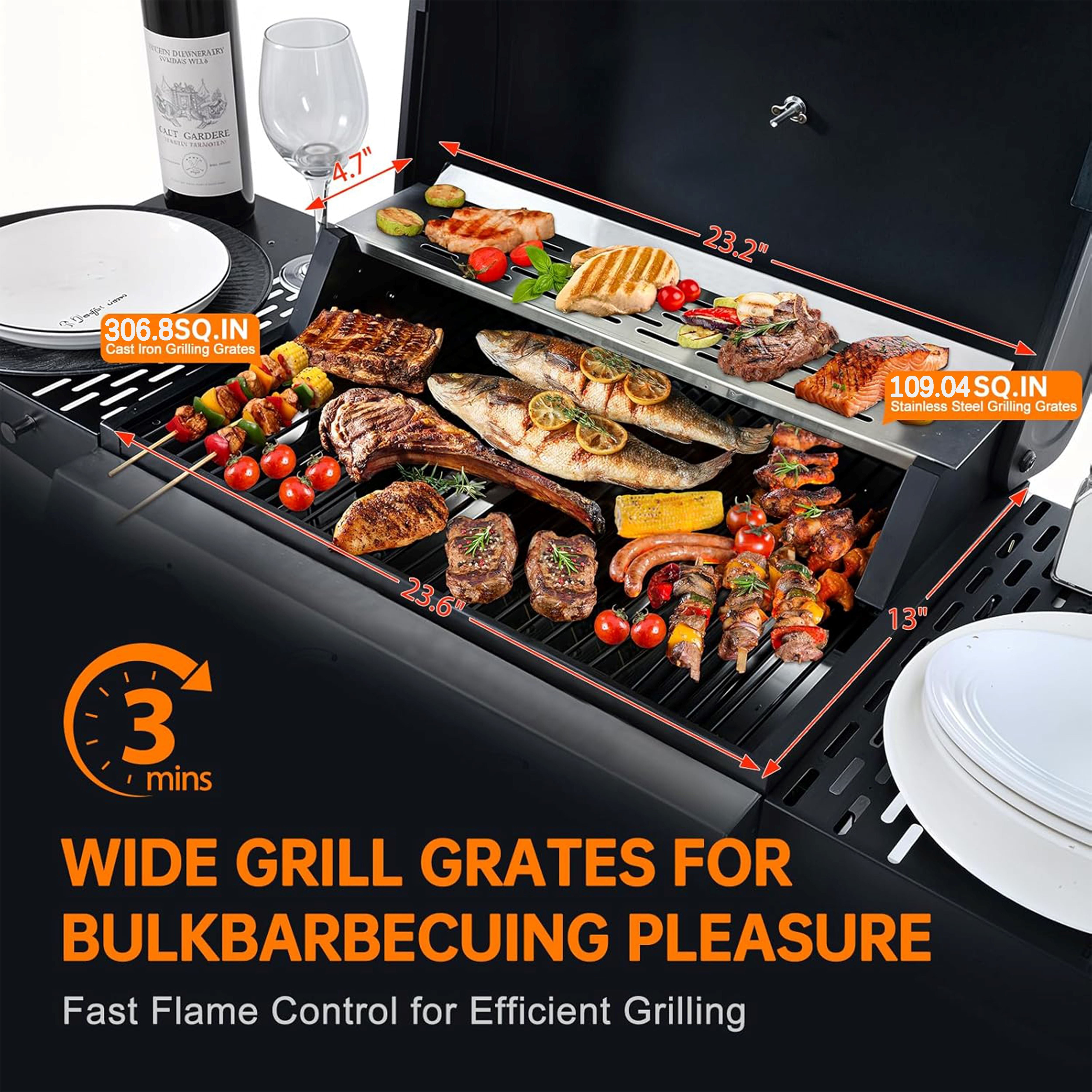 Furibear 4 Burners BBQ Propane Gas Grill, Freestanding Grill Cart with Wheels, Stainless Steel Heavy-Duty Cabinet Style, Outdoor BBQ Grill for Garden Backyard Cooking Barbecue