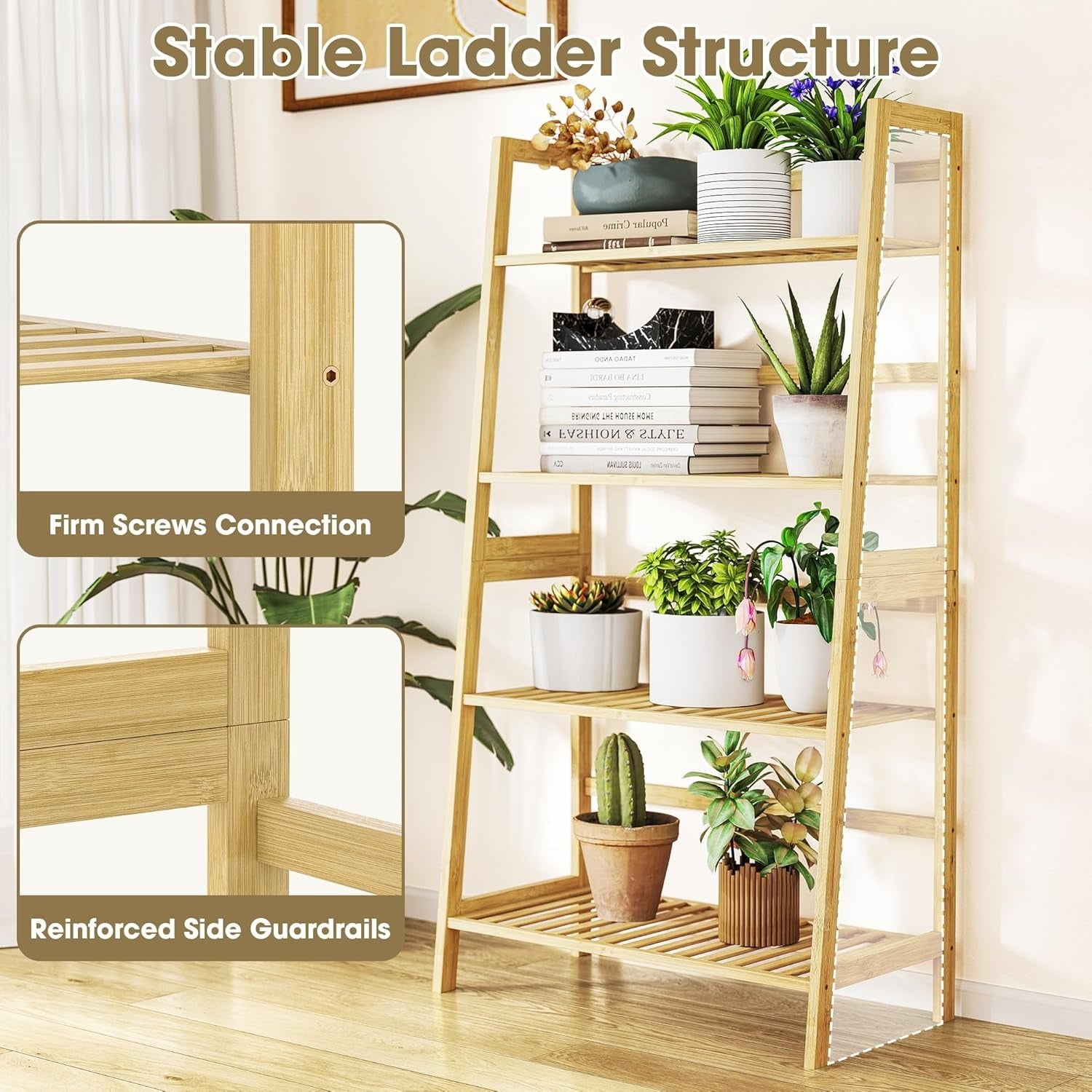Furnibear 4-Tier Wooden Storage Shelf Organizer, Natural Oak Finish Plant Stand, or Storage Rack for Living Room, Bathroom,Kitchen