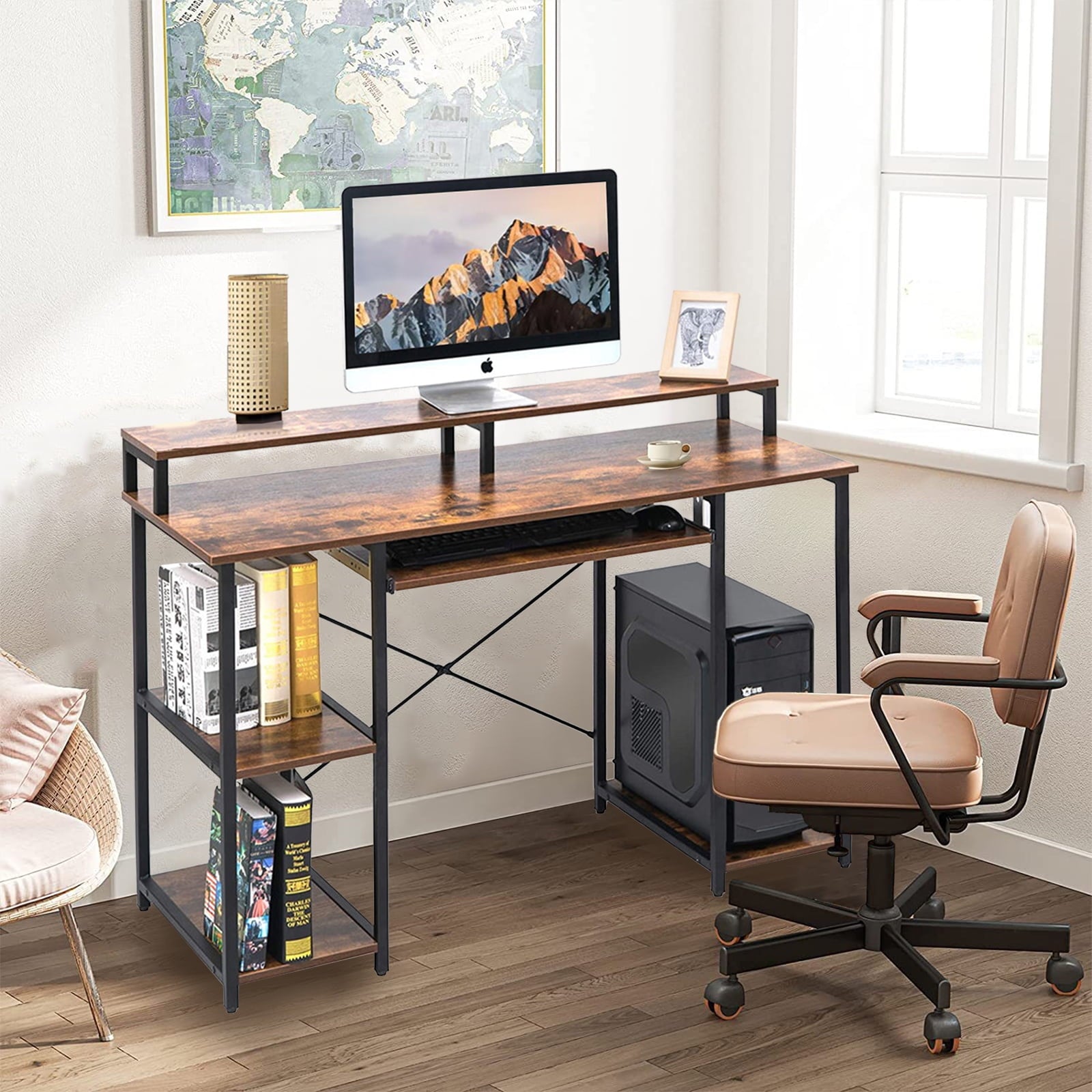 Furnibear Computer Desk 47 Home Office Desk Study Writing Table with Monitor Stand Storage Shelf, Brown