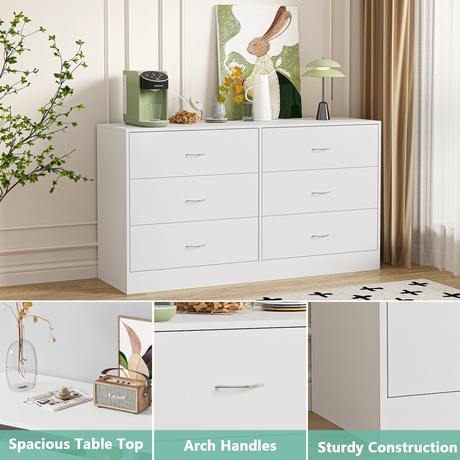 Furnibear 6 Drawer Dresser, Modern Wood Chest of Drawers Organizer Storage for Bedroom, Living Room, Porch, White