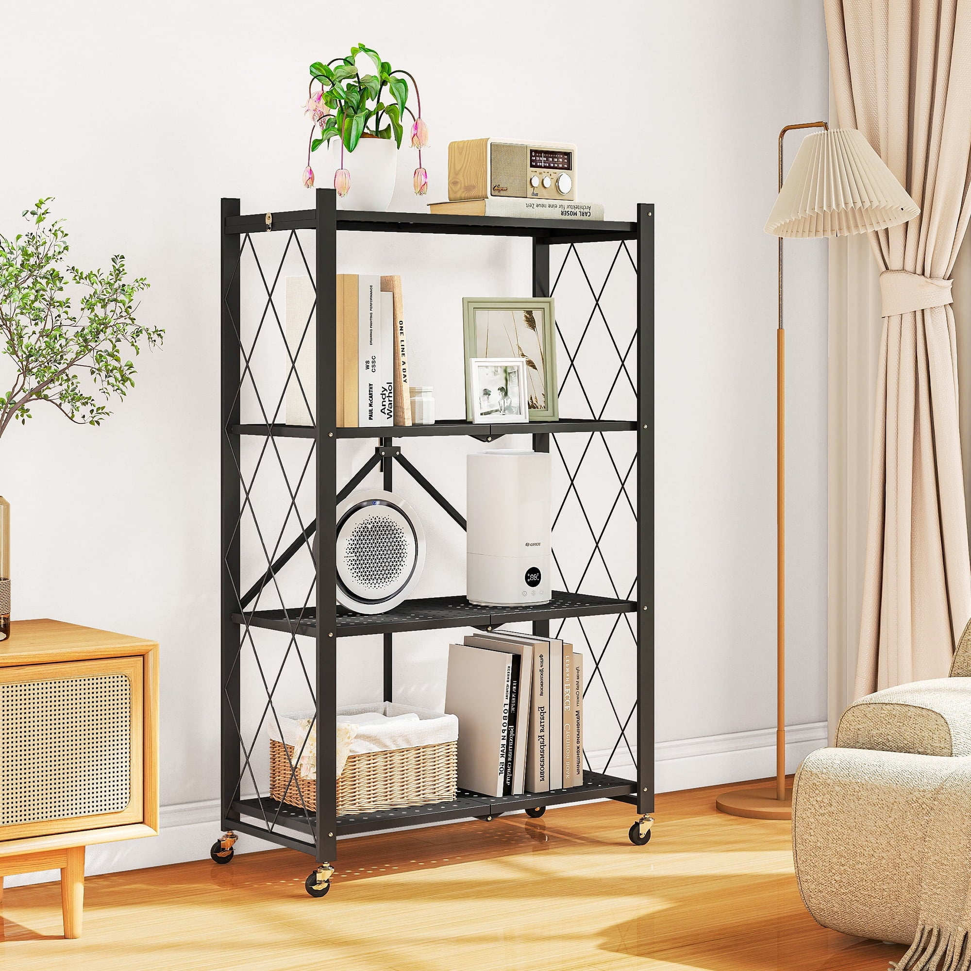 Furnibear 4-Tier Folding Storage Shelves with Wheels, Foldable Metal Rack, Collapsible Shelves for Garage, Kitchen, Basement, Black