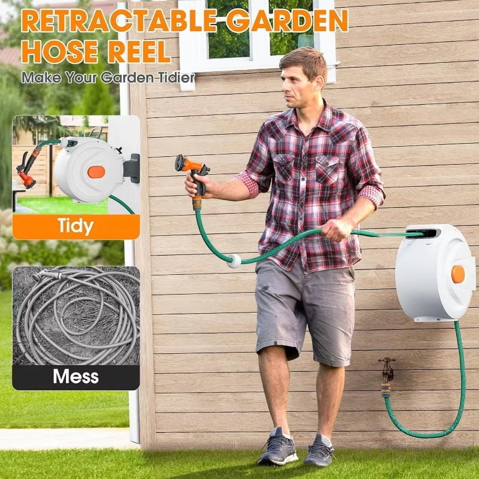 Furnibear 65 inch(20M) Garden Hose Reel with Handle and Adjustable Nozzle, Heavy-Duty Resin Case for 1/2in Hose