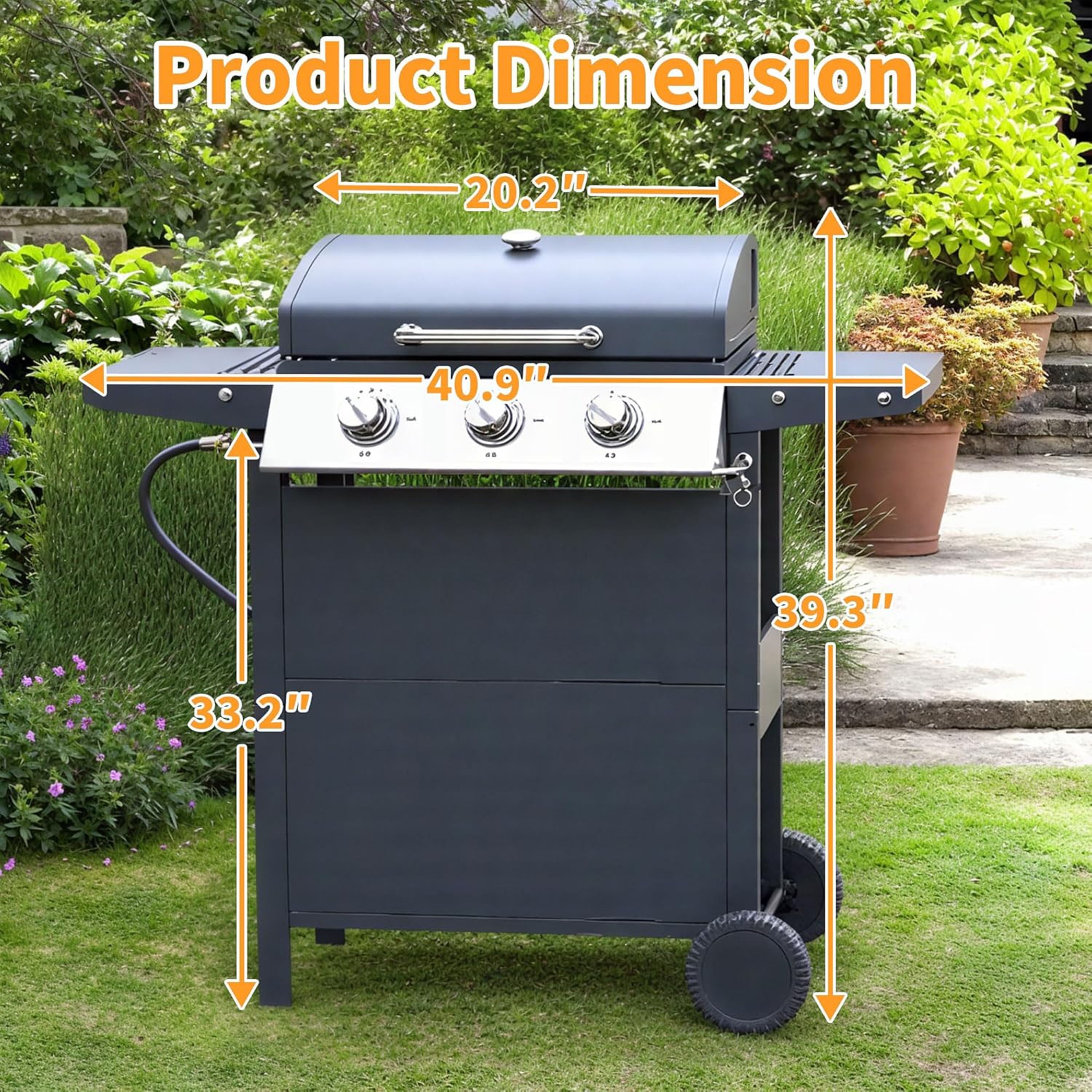 Furnibear 3 Burner BBQ Propane Gas Grill, Stainless Steel 26,000 BTU Patio Garden Barbecue Grill with Two Foldable Shelves