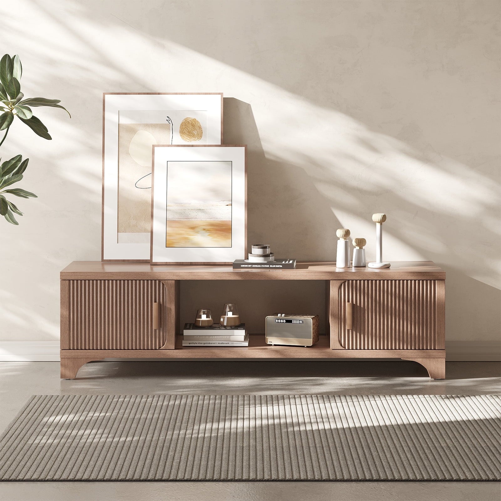 Furnibear Wood TV Stand Up to 75 Inch for Living Room, Mid Century Modern Entertainment Center, TV Console with Fluted Door Cabinets and Open Shelves, for Bedroom,Dark Brown