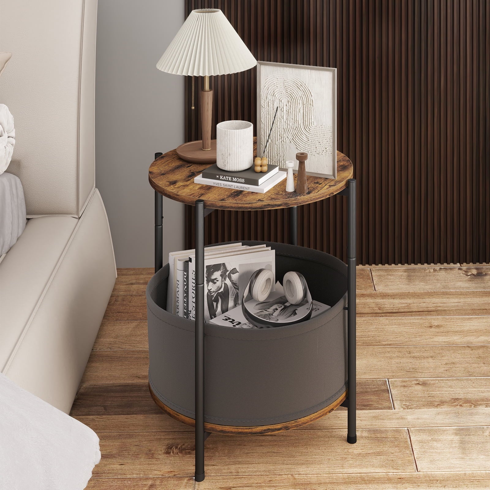 Furnibear Set of 2 Round Side Table Set Night Stand with Removable Fabric Baskets and Wooden Top