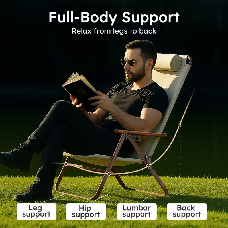 Furnibear Folding Lounge Chair 3-Position Adjustable Recline Camping Chair with Wood-Grain Armrests