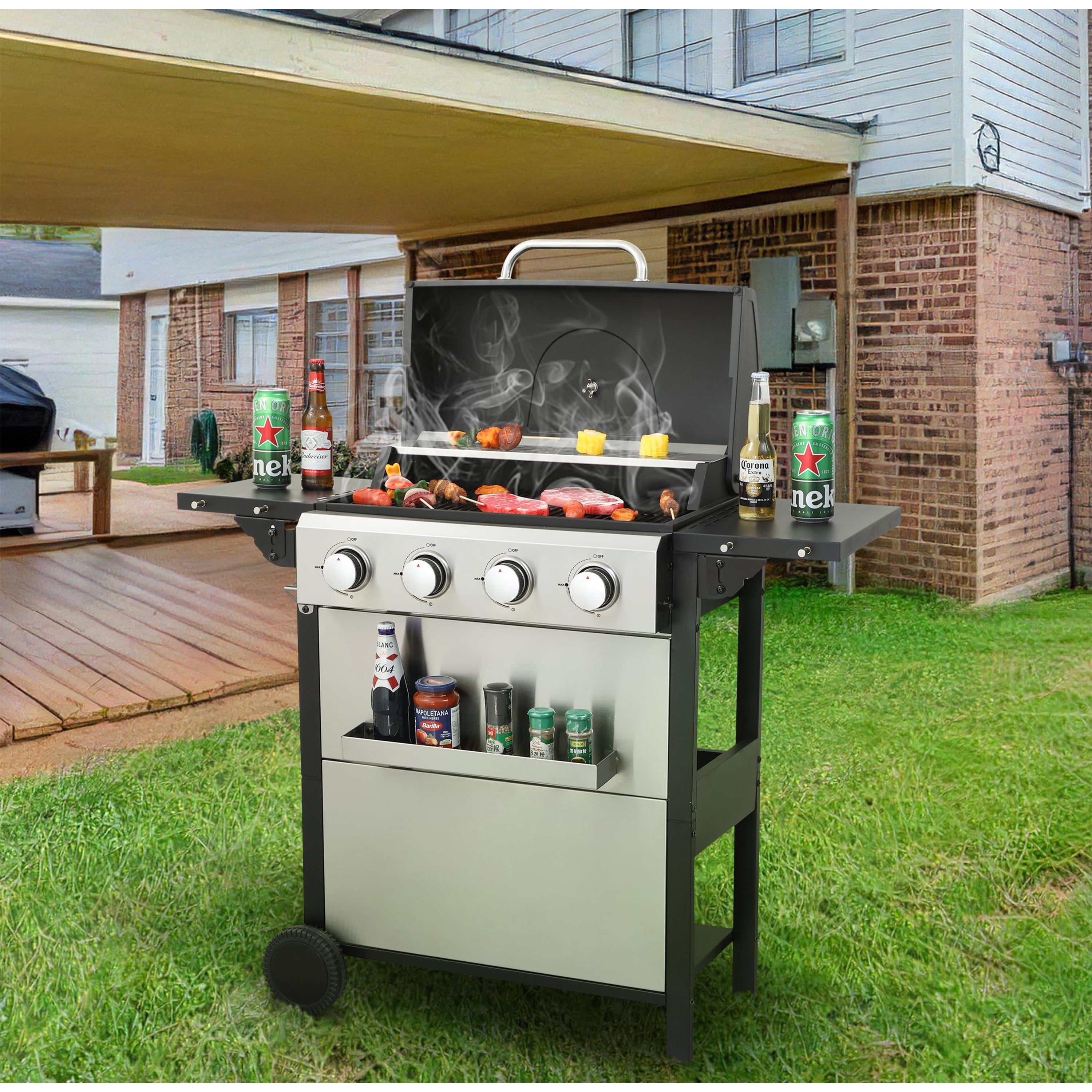 Furnibear 4 Burner BBQ Propane Gas Grill, Stainless Steel 34,200 BTU Patio Garden Barbecue Grill with 2 Foldable Shelves, Spice Rack