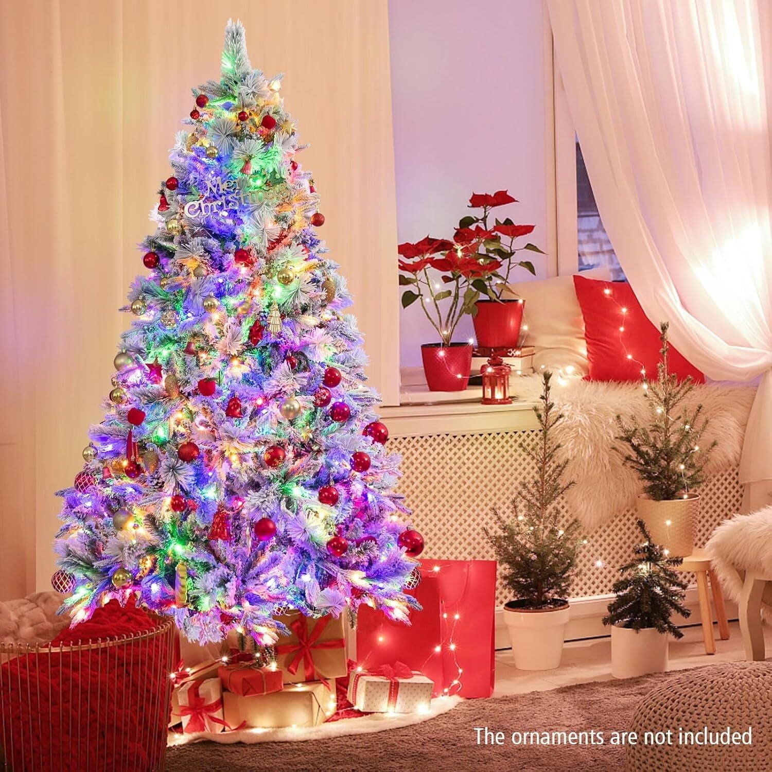 Furnibear 6ft Pre-Lit Flocked Christmas Tree, 1000 Tips with 250 Color Changing Lights & Auto Fluff