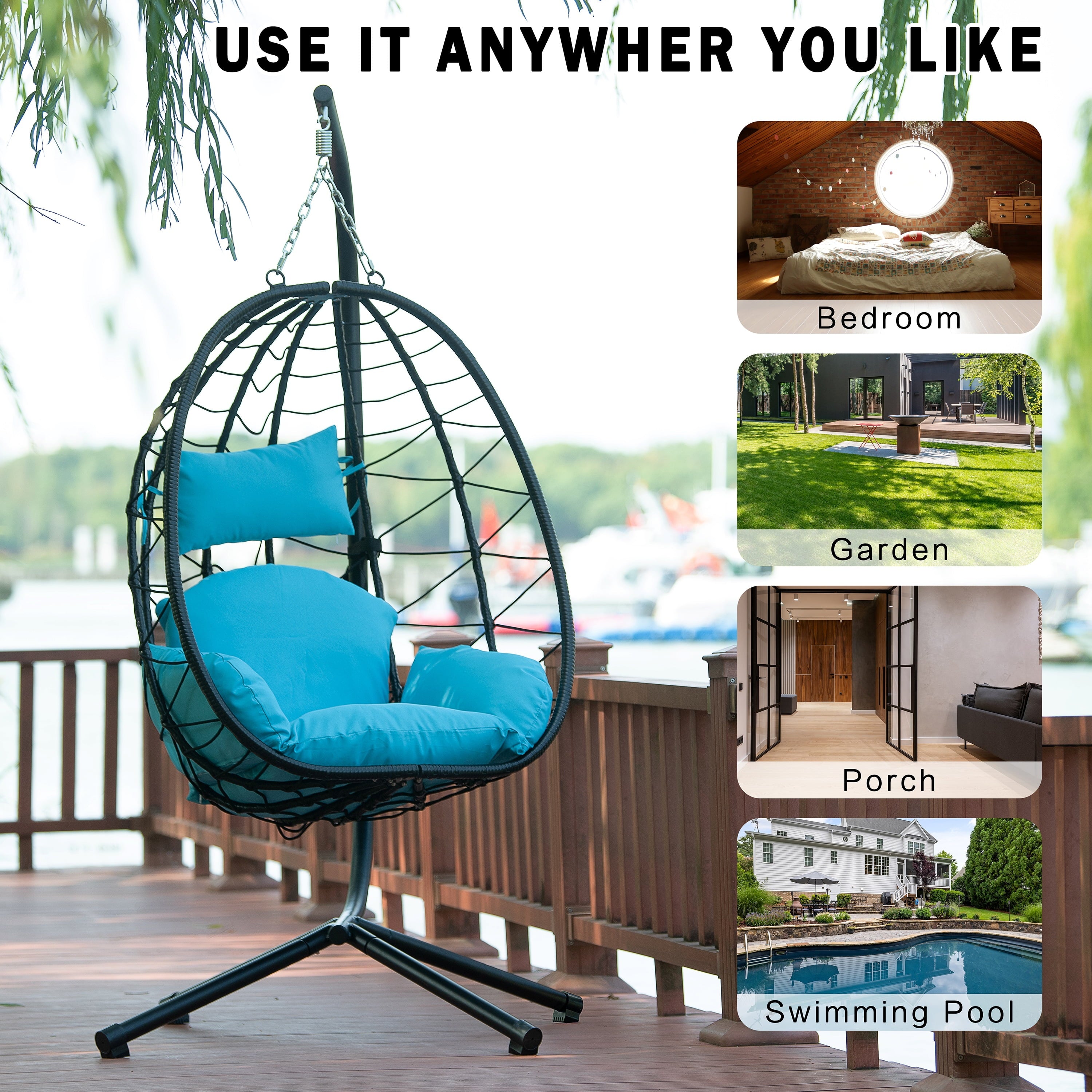 Furnibear Egg Chair with Stand,Patio Rattan Wicker Hanging Swing Egg Chair Hammock Chair for Bedroom Porch Garden,Thickened Aluminum Alloy Steel Frame