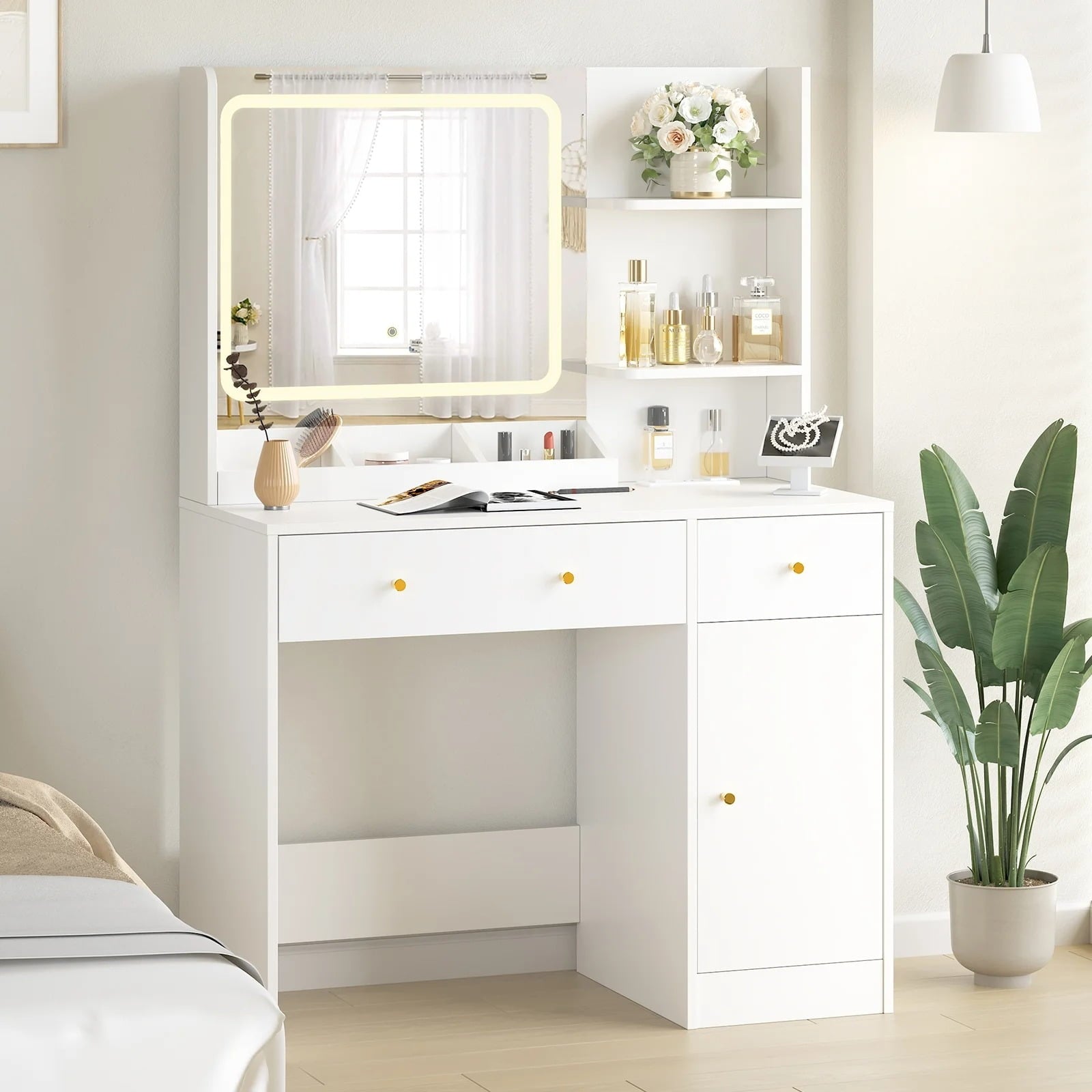 Furnibear Vanity Desk with Mirror, LED Lights and Power Outlet Makeup Vanity Table Dressing Table for Bedroom Dressing Room,White
