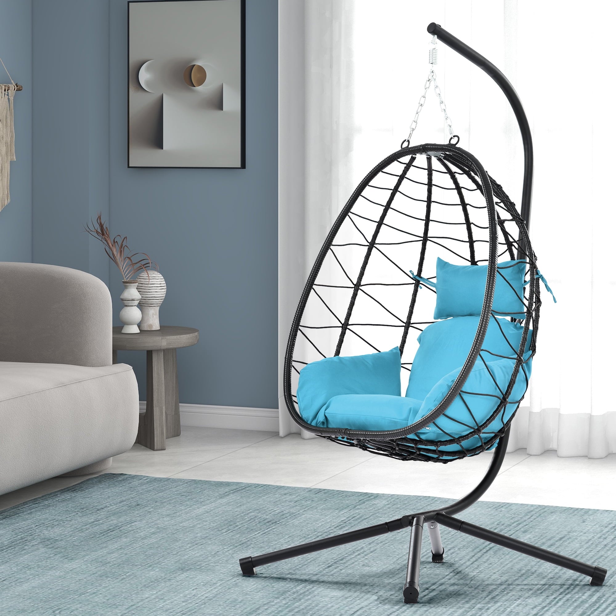 Furnibear Egg Chair with Stand,Patio Rattan Wicker Hanging Swing Egg Chair Hammock Chair for Bedroom Porch Garden,Thickened Aluminum Alloy Steel Frame