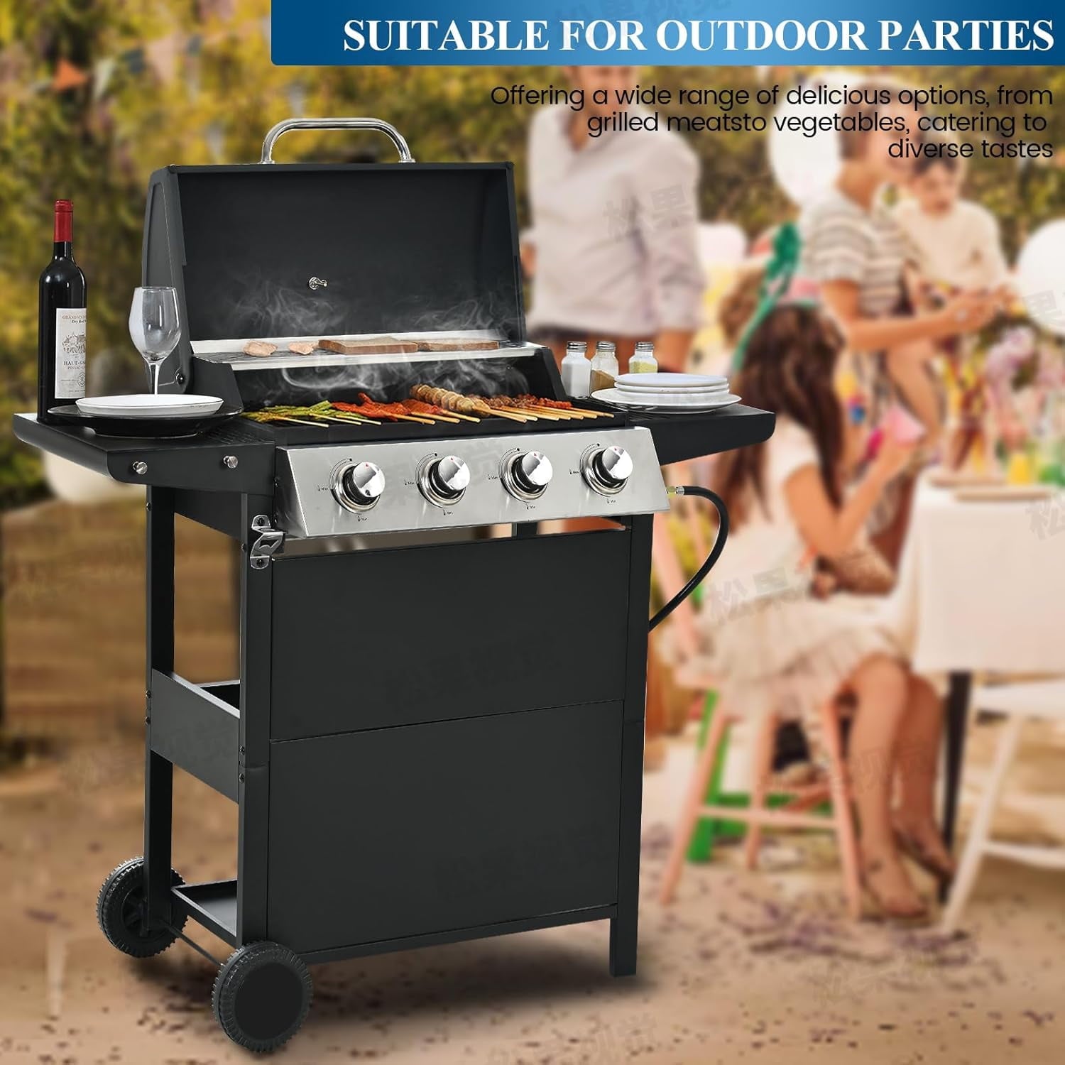 Furibear 4 Burners BBQ Propane Gas Grill, Freestanding Grill Cart with Wheels, Stainless Steel Heavy-Duty Cabinet Style, Outdoor BBQ Grill for Garden Backyard Cooking Barbecue