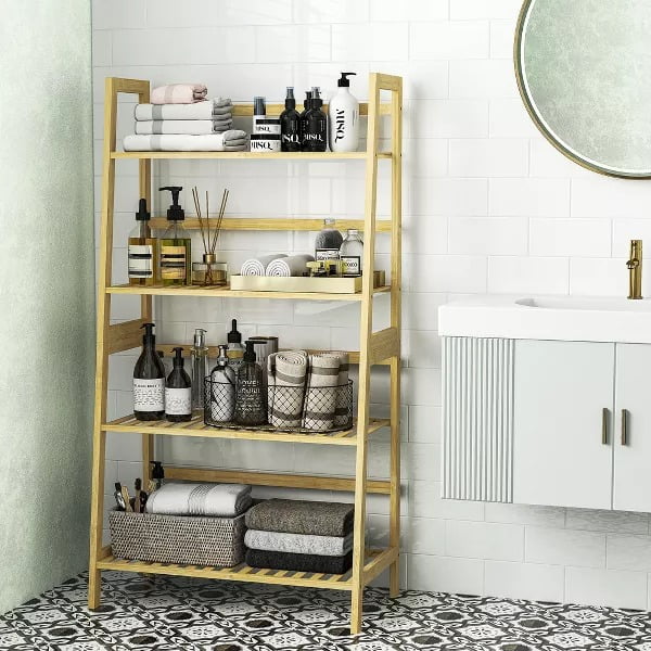 Furnibear 4-Tier Wooden Storage Shelf Organizer, Natural Oak Finish Plant Stand, or Storage Rack for Living Room, Bathroom,Kitchen