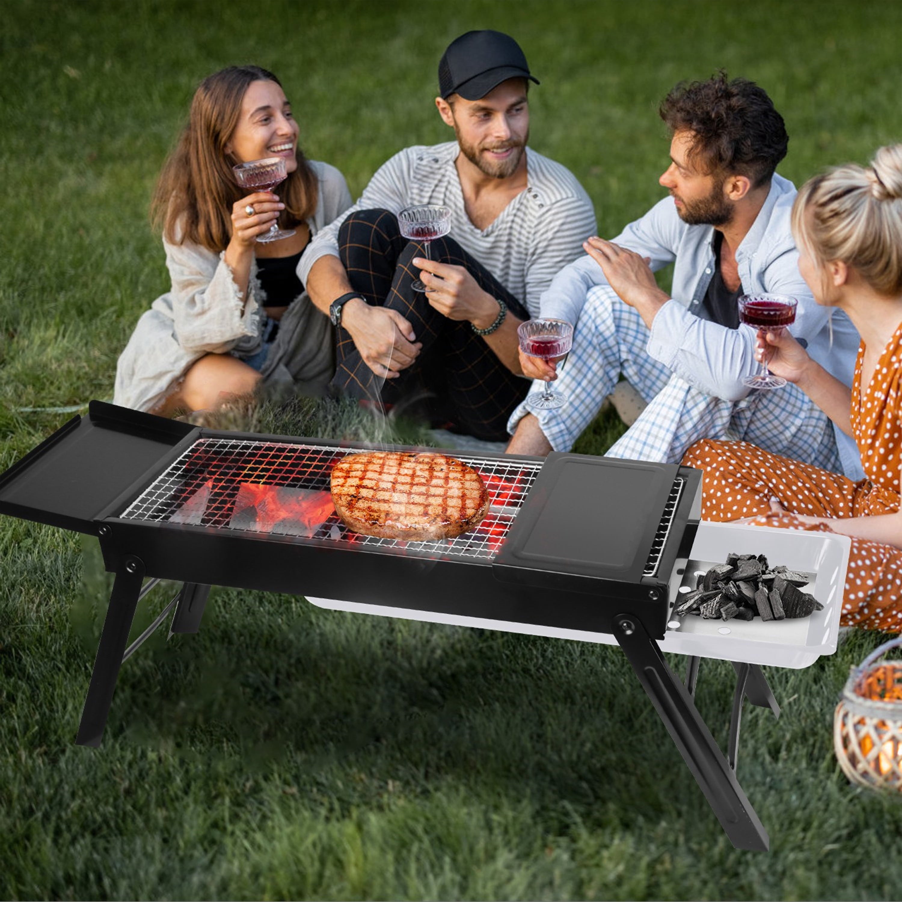 Furnibear Portable Charcoal Grill, Foldable Stainless Steel BBQ Grill with Side Table, Tabletop Grill for Outdoor Camping, Patio and Picnic